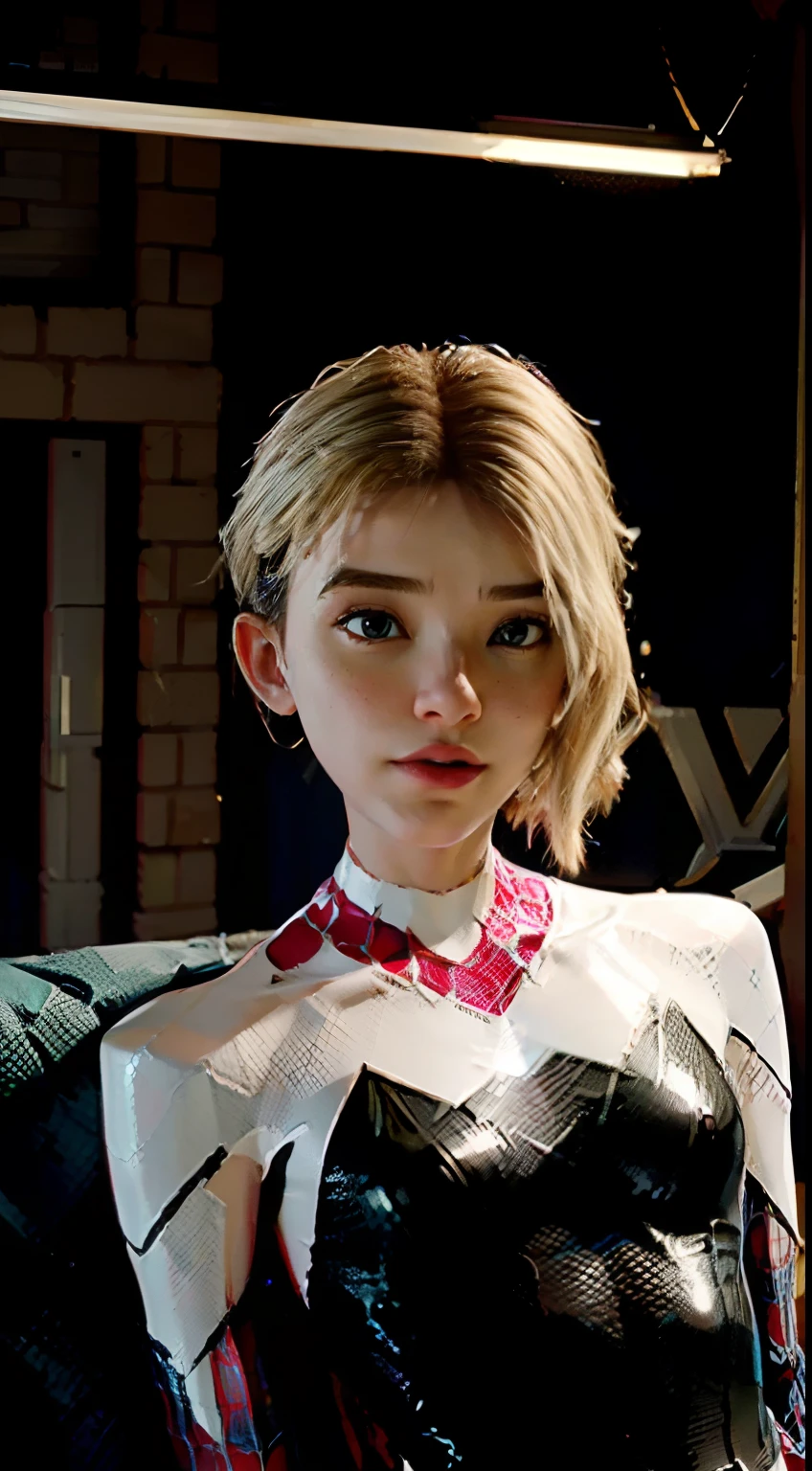 (Extreme Detail CG Unity 8K wallpaper, masterpiece, top quality), (exquisite lighting and shadows, very dramatic images, cinematic lens effects), gwenstacy in white Spider-Man costume, blonde asymmetrical hair color, Spider-Man parallel universe, Wenger, Marvel, Spider-Man, sitting on the sofa, dynamic pose), (excellent detail, excellent lighting, wide angle), (excellent rendering, enough to stand out in its class), white Spider-Man costume, focusing on complex spider textures, middle nights neon city background.