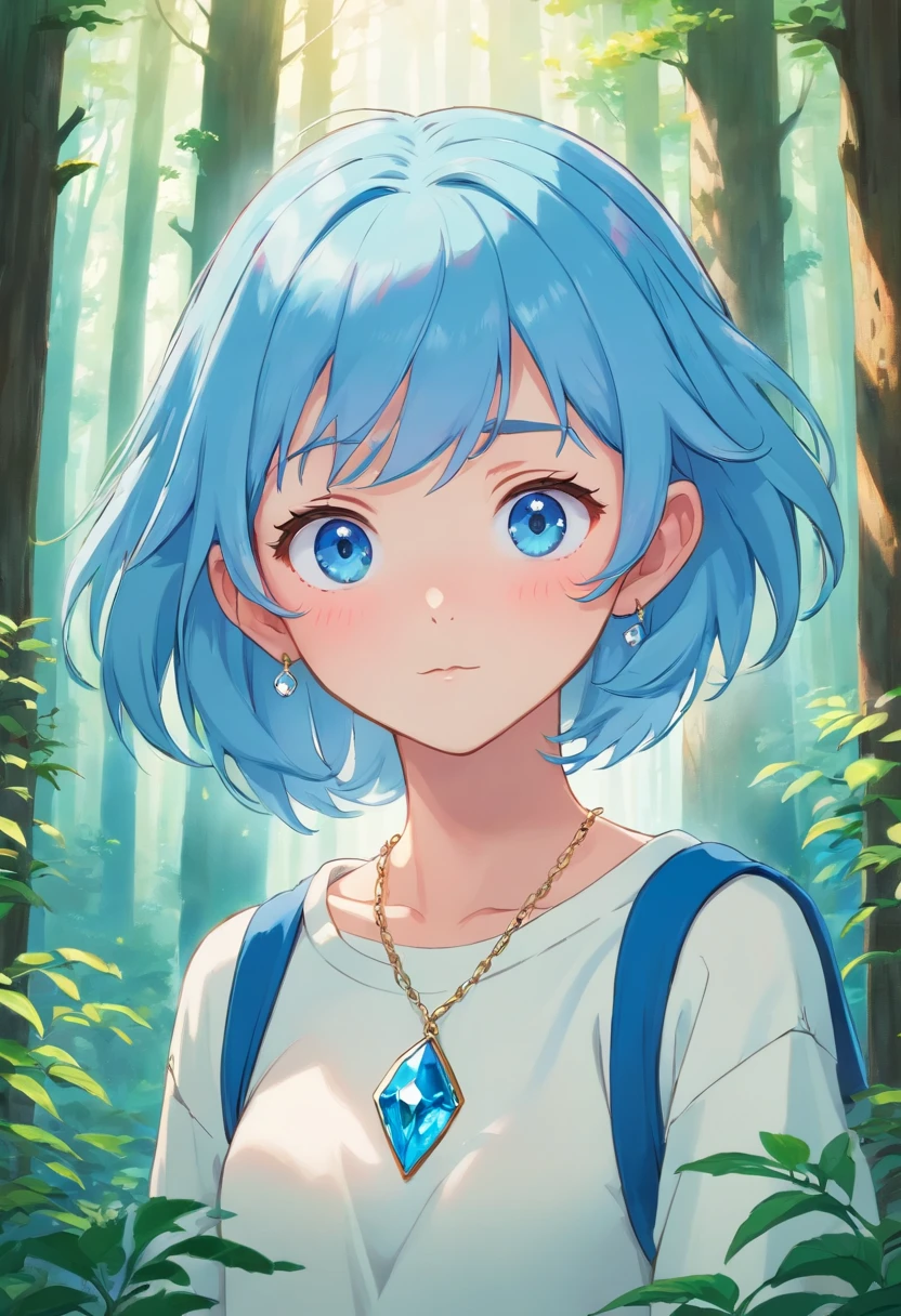 Elf girl, blue hair, blushing, blue eyes, white sweatshirt, crystal necklace, forest