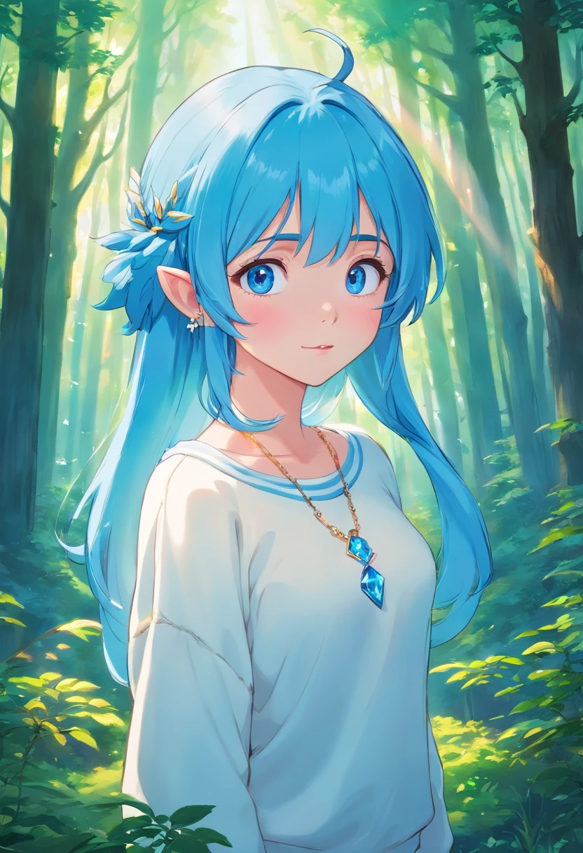 Elf girl, blue hair, blushing, blue eyes, white sweatshirt, crystal necklace, forest