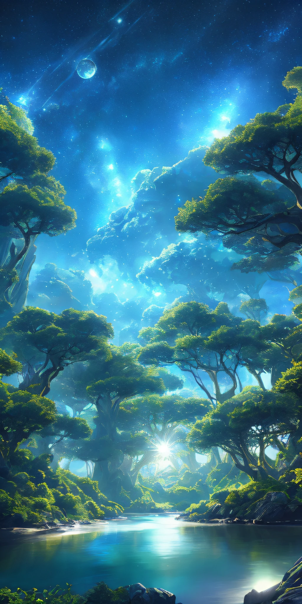 Illustration of a hyperrealistic , otherworldly, ultrasky scene featuring a giant crystal tree full body,very detailed and magical lighting, intricate forest details, vegetation and river around, solarpunk ,landscape, giant tree, beatifull leafy with beautiful lighting and realistic proportions, as if it were a cinematic background, 8k, highest quality, masterpiece, clouds and stars in the sky.