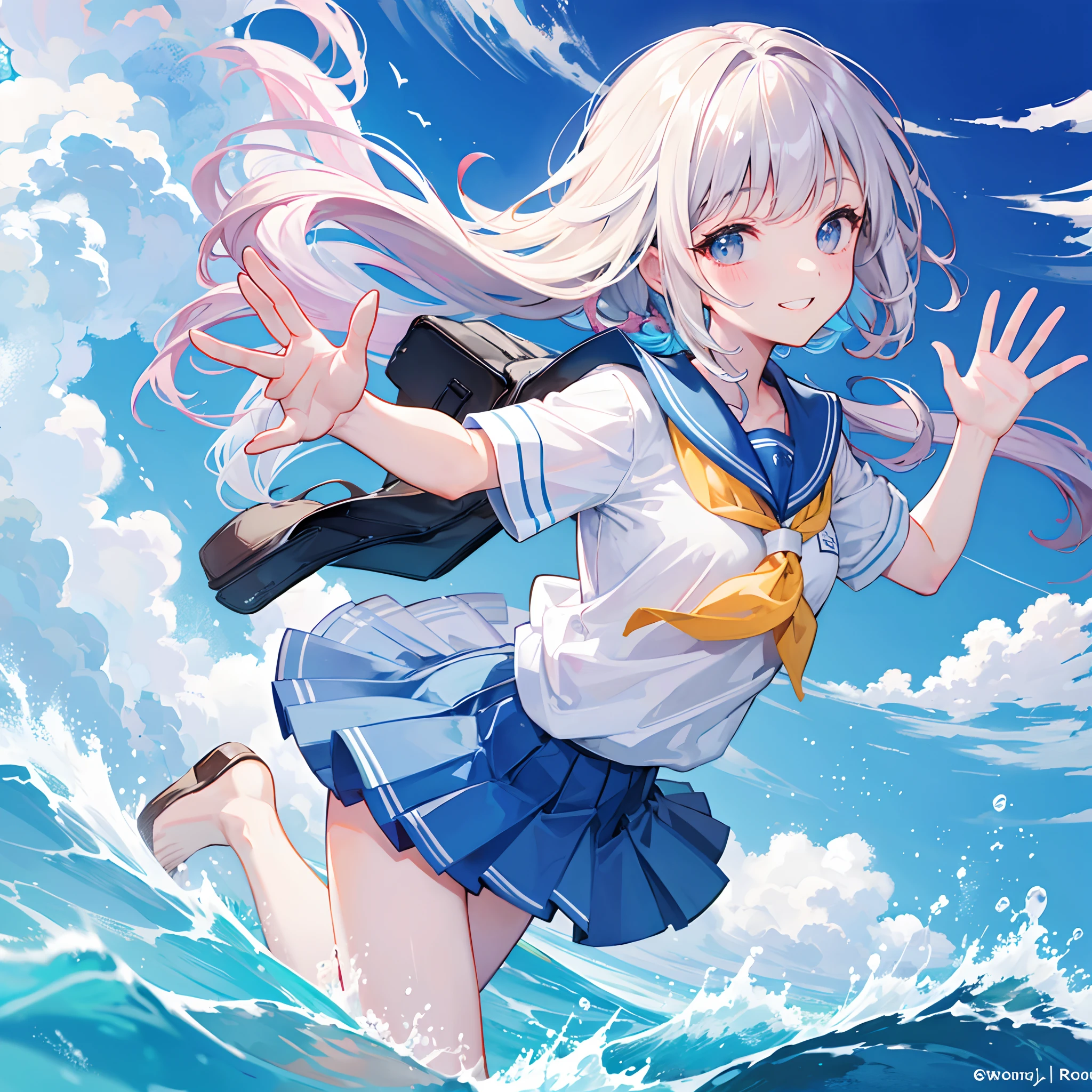 ((best quality)), school girl, wave, smile