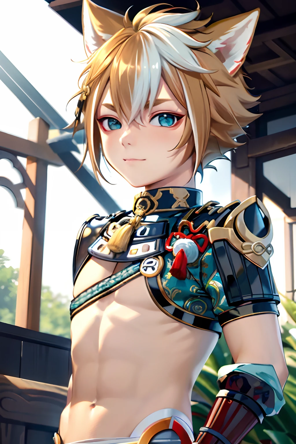 gorou (genshin impact),little boy, 1boy, male focus, animal ears, solo, multicolored hair, brown hair, dog boy, white hair, tassel, dog ears, armor, upper body, streaked hair, bangs,NSFW,small