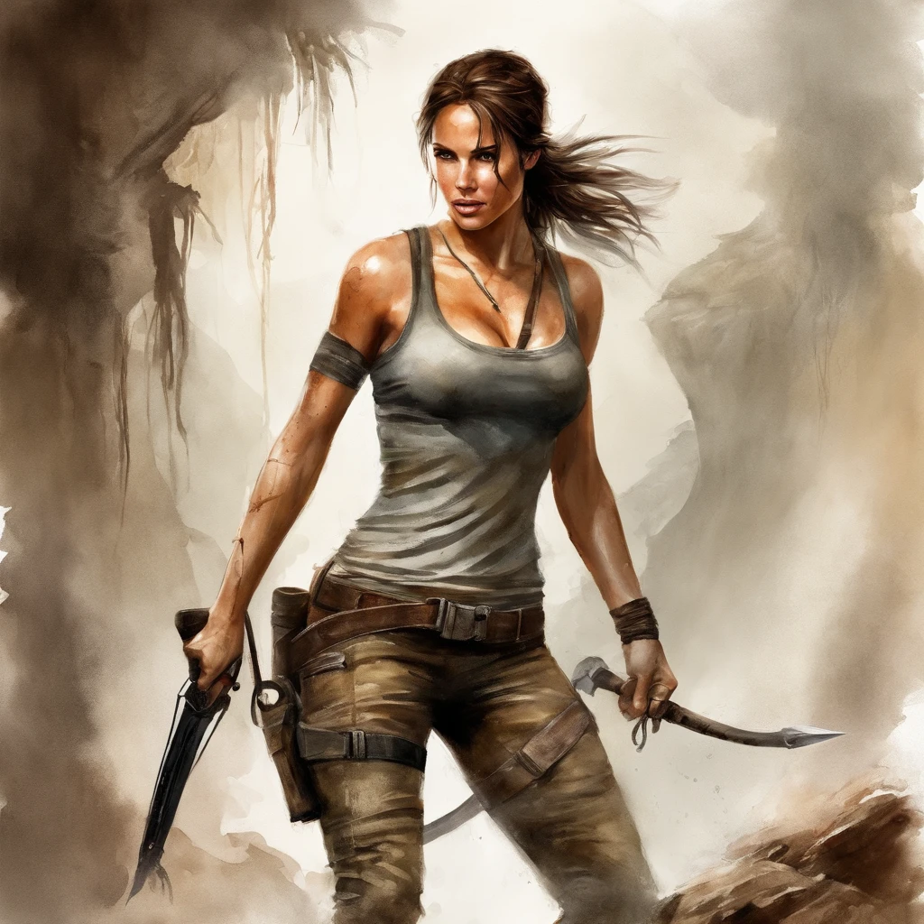 Tomb Raider, best quality, masterpiece, ultra high resolution, (photorealistic:1.4), raw photo, nude, shiny skin, WET BODY, dramatic lighting, full body, slut, big breasts, different positions, different poses, different variations, different places, different backgrounds, different landscapes