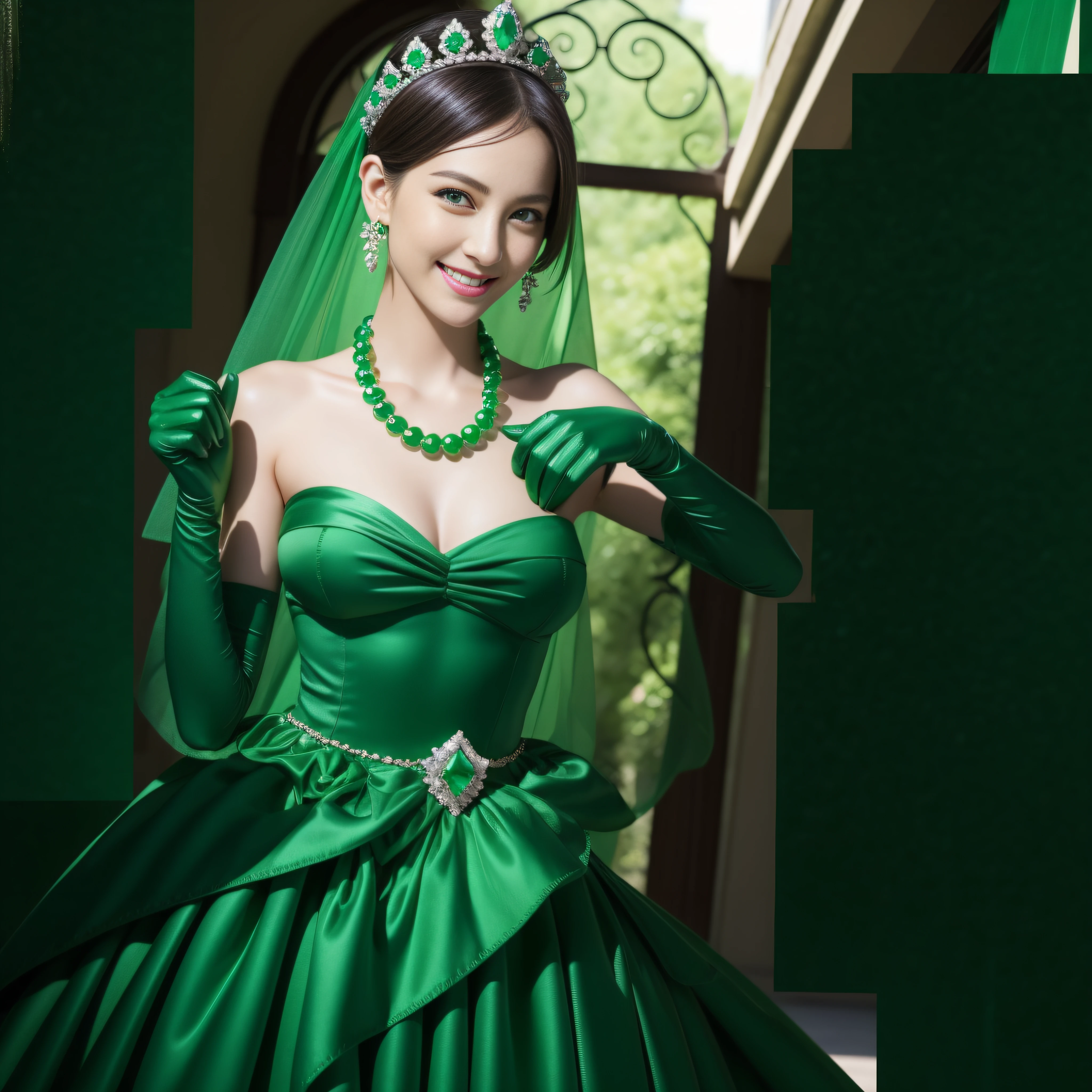 emerald tiara, Green Pearl Necklace, Boyish very short green hair, lipsticks, Japan woman smiling, very short short hair, big breasts beautiful, Green eyes, Long green gloves made of satin material, Green eyes, Emerald Earrings, Green dress