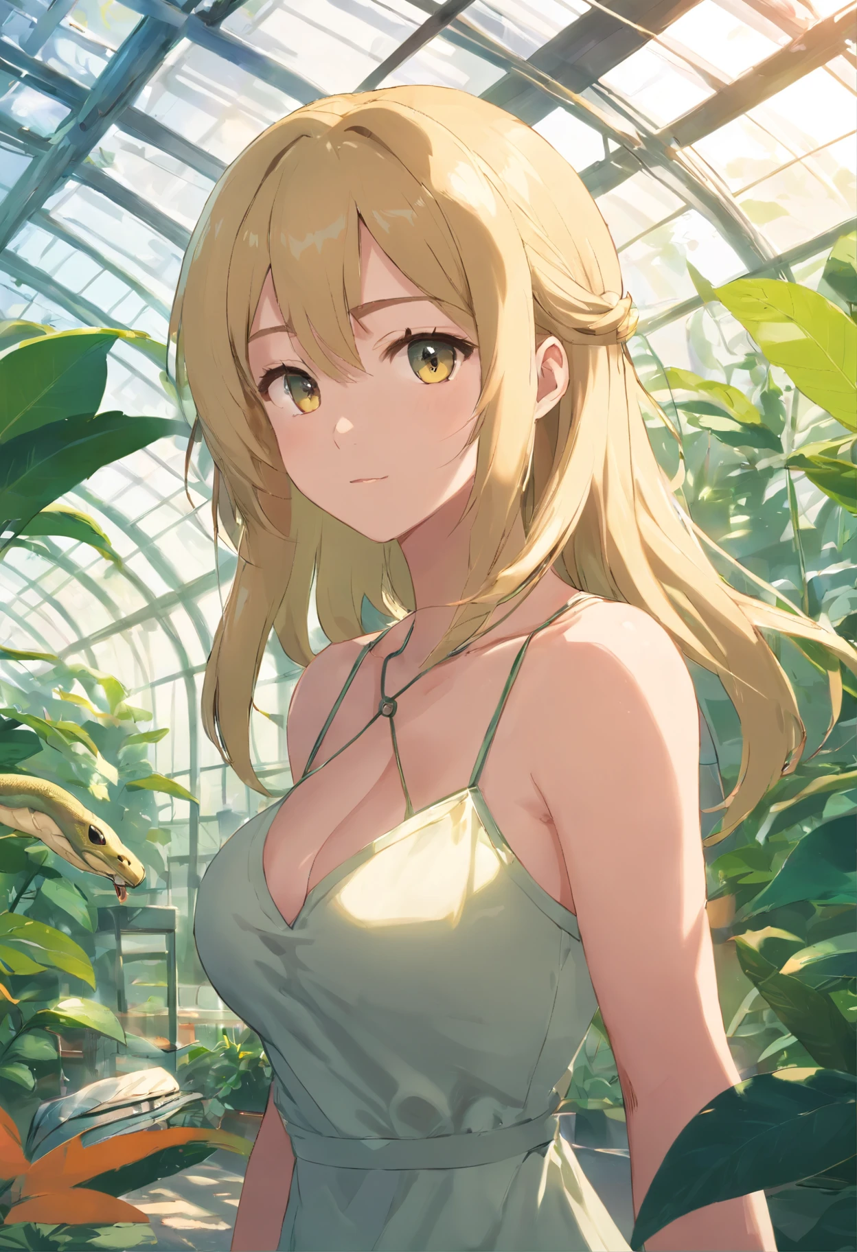 tmasterpiece,HighestQuali,(cygames),anime big breast,Solo,A woman who is,((Female Upper Body,Bigboobs)),Wear a bandeau brown dress,Wear black stockings,((Long neat blonde hair,Neat bangs)),((Petting a snake)),((In the greenhouse))