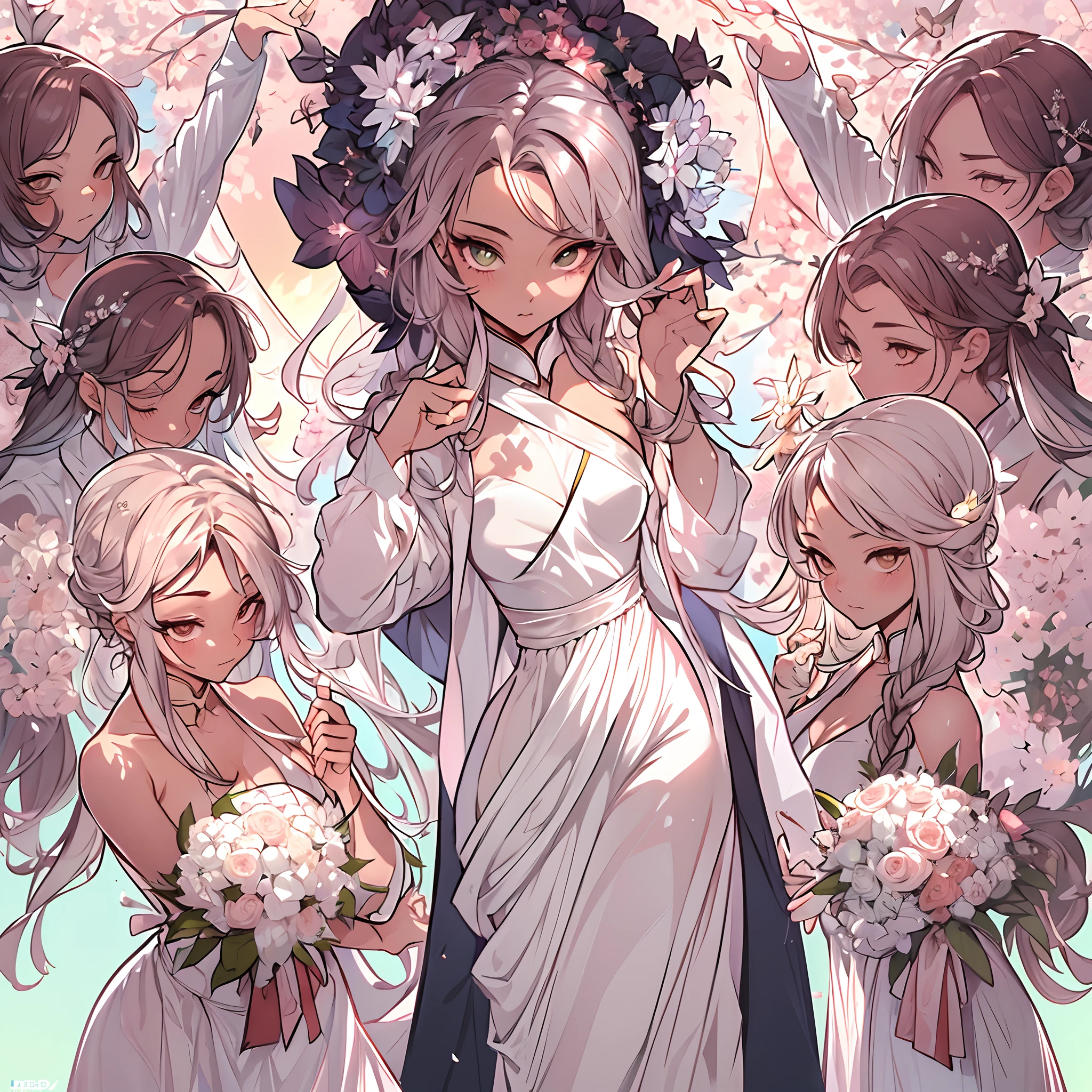 ((Masterpiece, Highest quality)), Detailed face, CharacterDesignSheet,full bodyesbian, perfectly proportions,Full of details, Multiple poses and expressions, Highly detailed, Martial arts girl,Gradient hair color,Detailed eyes, ssee-through,wedding gown,lacepantyhose,Clouds,High Balance, Overhead halo,Natural light,Star decoration