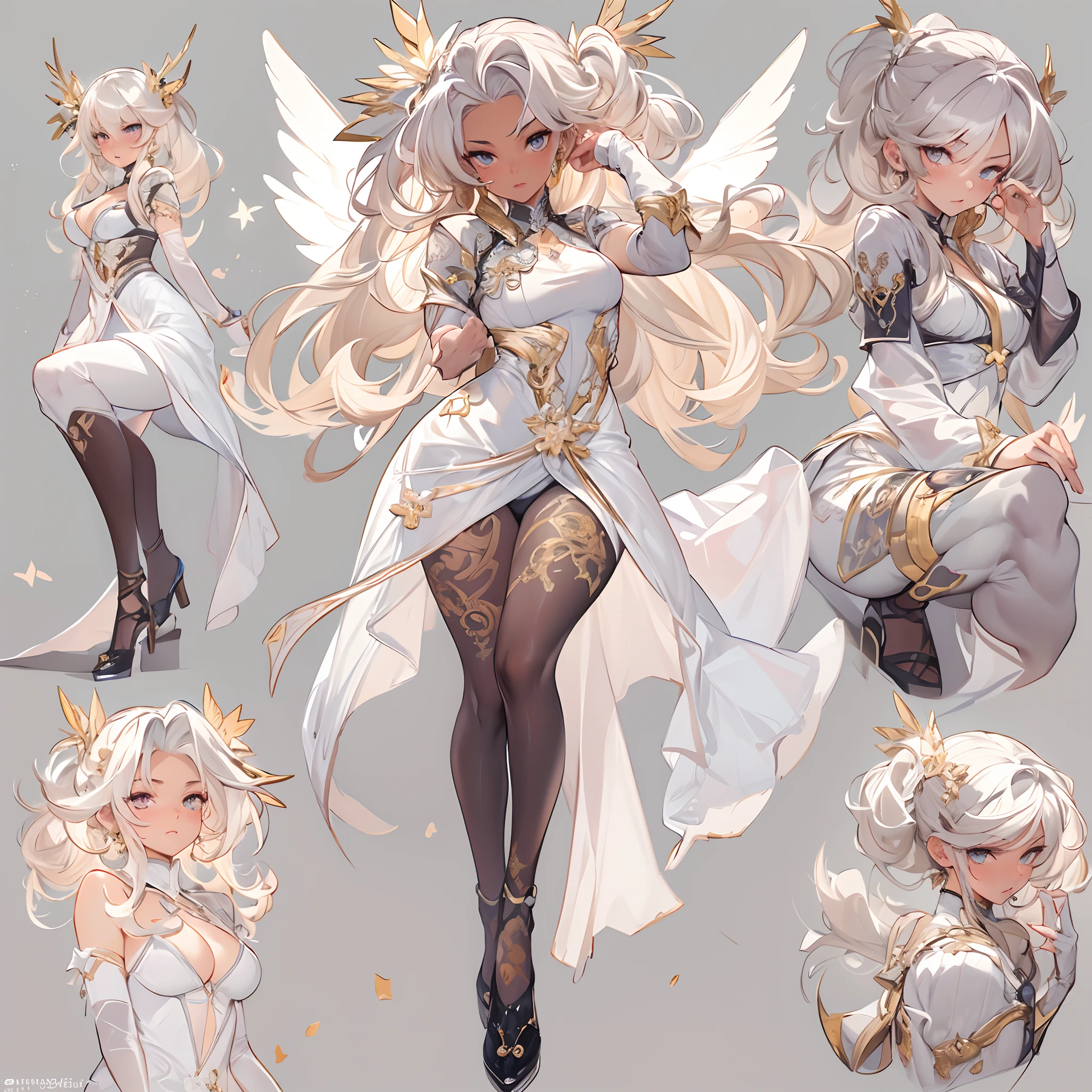 ((Masterpiece, Highest quality)), Detailed face, CharacterDesignSheet,full bodyesbian, perfectly proportions,Full of details, Multiple poses and expressions, Highly detailed, Martial arts girl,Seductive,Gradient hair color,Detailed eyes, ssee-through,wedding gown,lacepantyhose,Clouds,High Balance, Overhead halo,Natural light,Star decoration