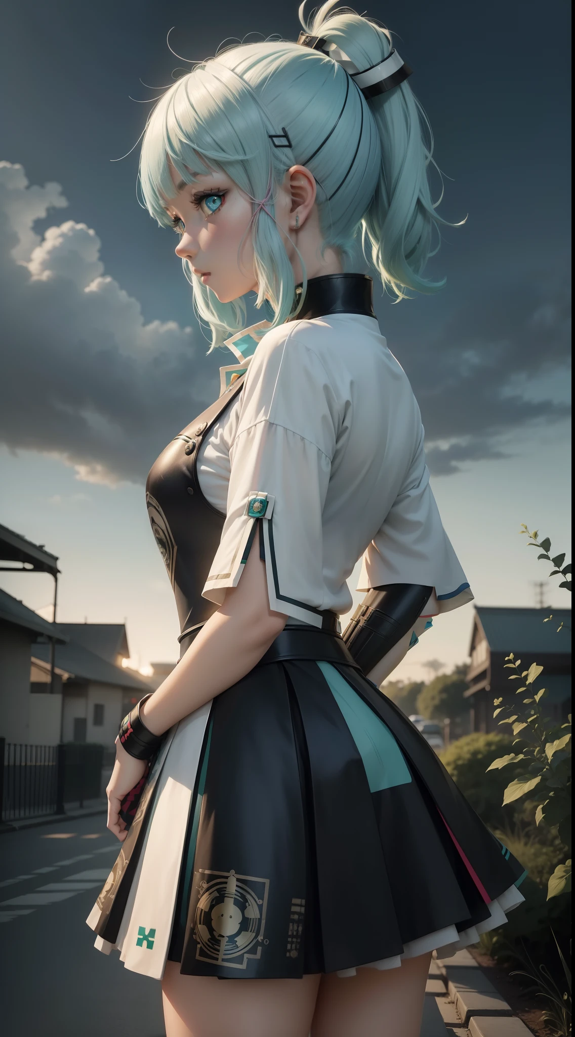 anime girl with green hair and blue eyes wearing a white shirt and black skirt, mikudayo, anime girl with teal hair, best anime 4k konachan wallpaper, girl with short white hair, anime visual of a cute girl, anime moe artstyle, portrait anime girl