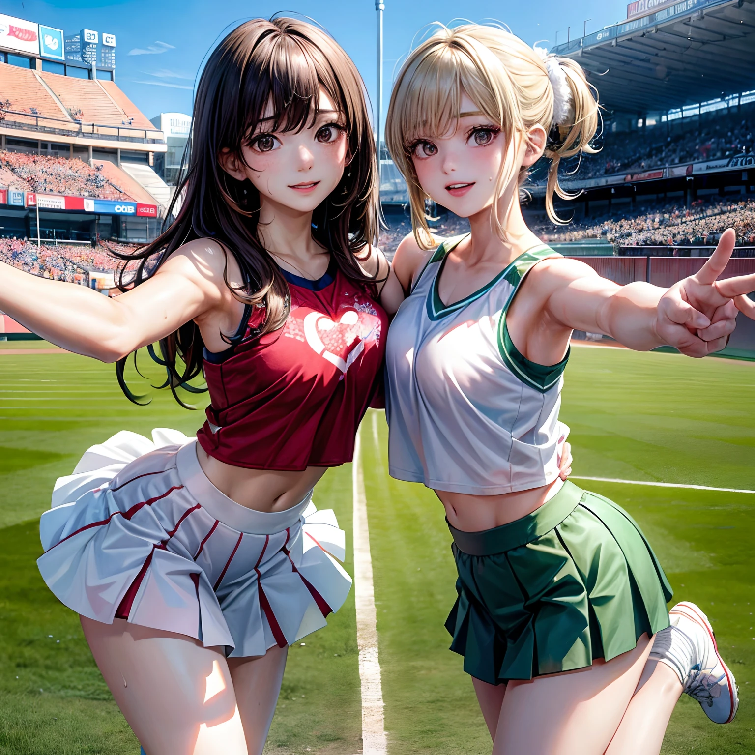 (masutepiece:1.3), High resolution, ultra-detailliert, the Extremely Detailed CG Unity 8K Wallpapers, Realistic, Photorealsitic, Raw photo, beautifull detailed face, pale skin, realistic glistening skin, Detailed Cloth Texture, detailed hair texture, Perfect body, Beautiful face, acurate, Anatomically correct, Highly detailed face and skin texture, Natural neck length, (Beautiful hands), (Fair skin:1.2), thin legs, Thin feet, Aligned teeth,lighting like a movie,
BREAK,
Cheer Dance Girls 、Cheering at the baseball stadium、Wearing sweat、full of sweat、Very embarrassing、Wearing cute green cheer dance costume、a miniskirt、Holding a pom-pom in your hand、(Dance with your legs spread high:1.2)、pantyshot、NSFW