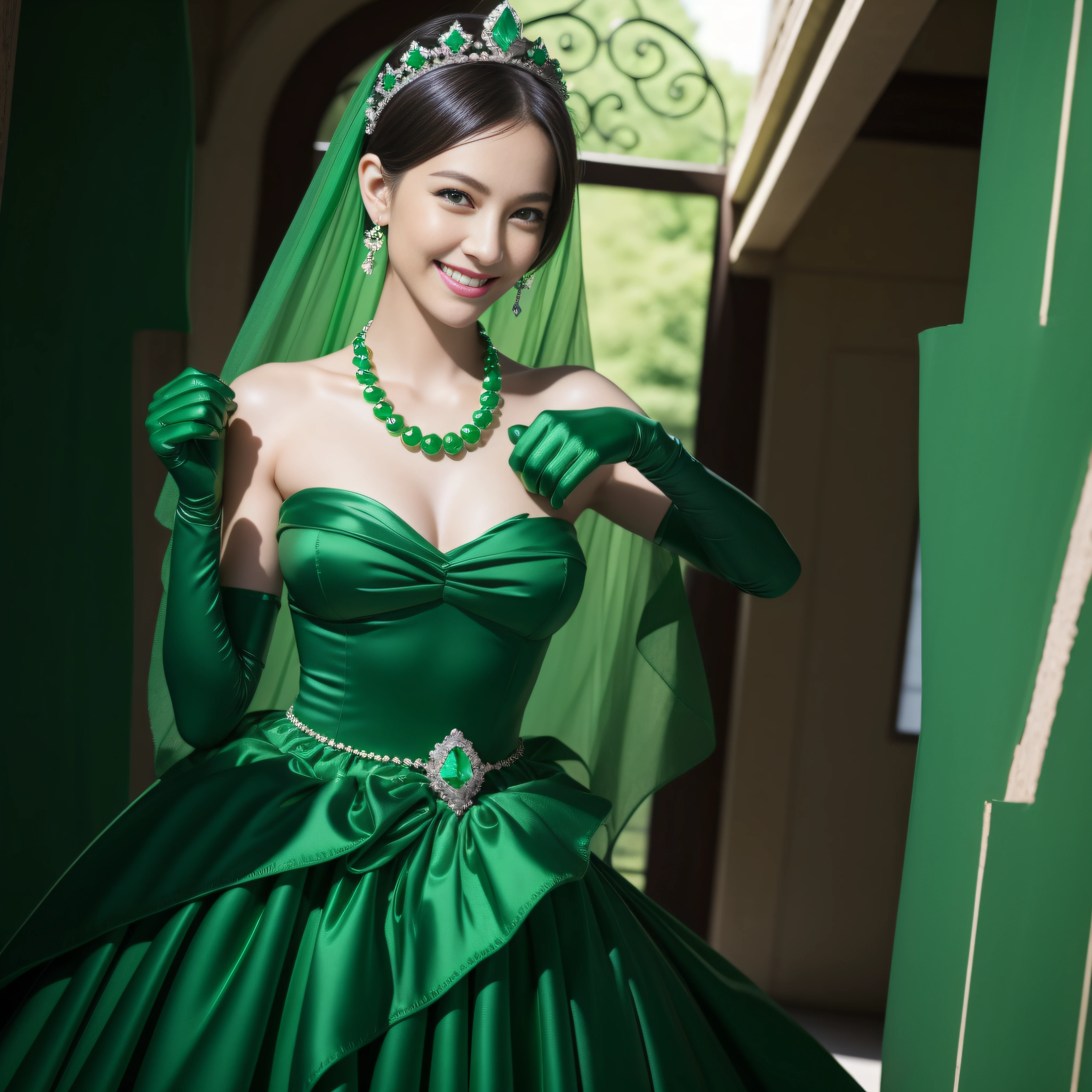 emerald tiara, Green Pearl Necklace, Boyish very short green hair, lipsticks, Japan woman smiling, very short short hair, big breasts beautiful, Green eyes, Long green gloves made of satin material, Green eyes, Emerald Earrings, Green dress