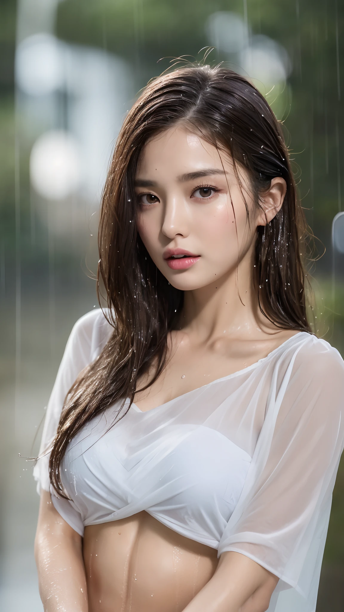 (Best quality, 4k, Masterpiece :1.3), pretty woman, 1girl, (breasts, attractive body :1.2), abs :1.1, dark brown hair: 1.1, (rainy wet, wet from rain, wet body :1.2), ultra-detailed face, detailed lips, detailed eyes, double eyelid