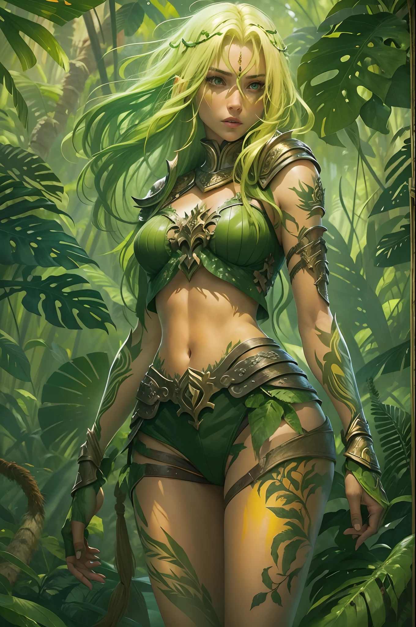 in jungle，A defeated woman，Long blonde green hair，Green eyes，Yellow broken armor，spread their legs，The whole body is covered with tattoos