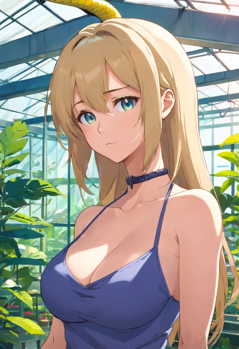 tmasterpiece，HighestQuali，(cygames)，anime big breast，Solo，A woman who is，((perfect female upper body，Bigboobs))，Wear a bandeau brown dress and shoulders，((Long neat blonde hair，Neat bangs))，((((A snake on the neck))))，((In the greenhouse))