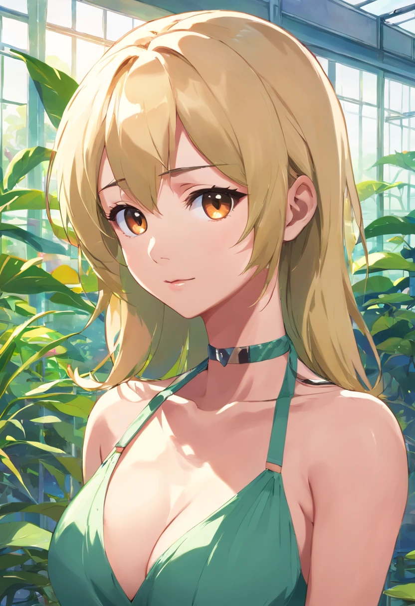 tmasterpiece，HighestQuali，(cygames)，anime big breast，Solo，A woman who is，((perfect female upper body，Bigboobs))，Wear a bandeau brown dress and shoulders，((Long neat blonde hair，Neat bangs))，((((A snake on the neck))))，((In the greenhouse))