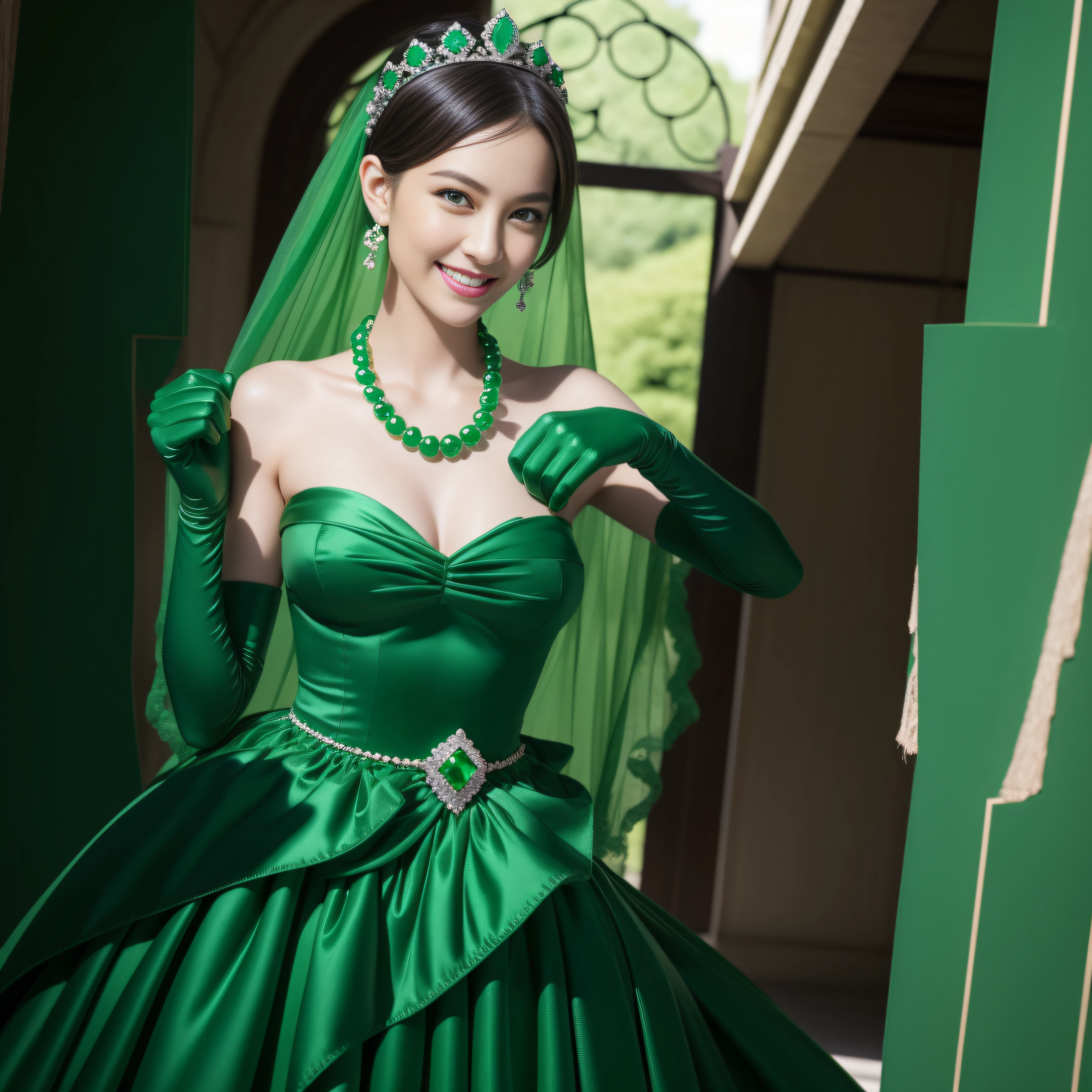 emerald tiara, Green Pearl Necklace, Boyish very short green hair, lipsticks, Japan woman smiling, very short short hair, big breasts beautiful, Green eyes, Long green gloves made of satin material, Green eyes, Emerald Earrings, Green dress