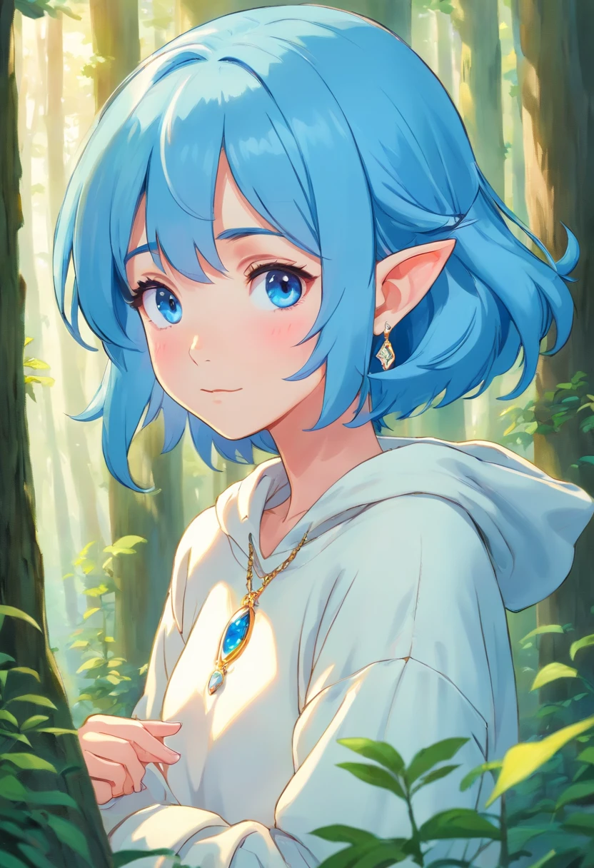 Elf girl, blue hair long, blushing, blue eyes, white sweatshirt, crystal necklace, forest