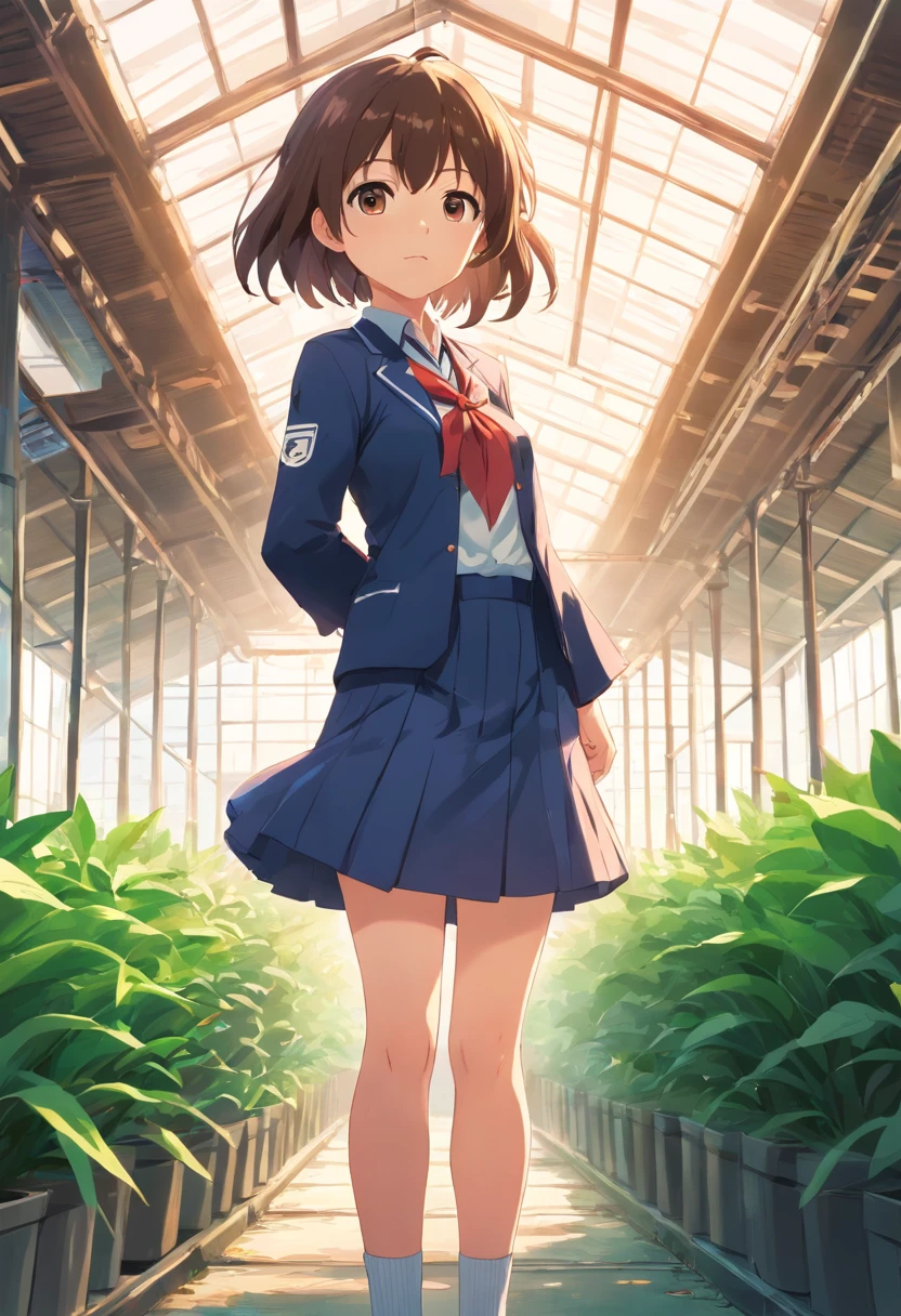 tmasterpiece,HighestQuali,anime big breast,Solo,A chibi girl,((The upper part of the body)),Wear elementary school uniforms,((scared expression,😨)),In the greenhouse