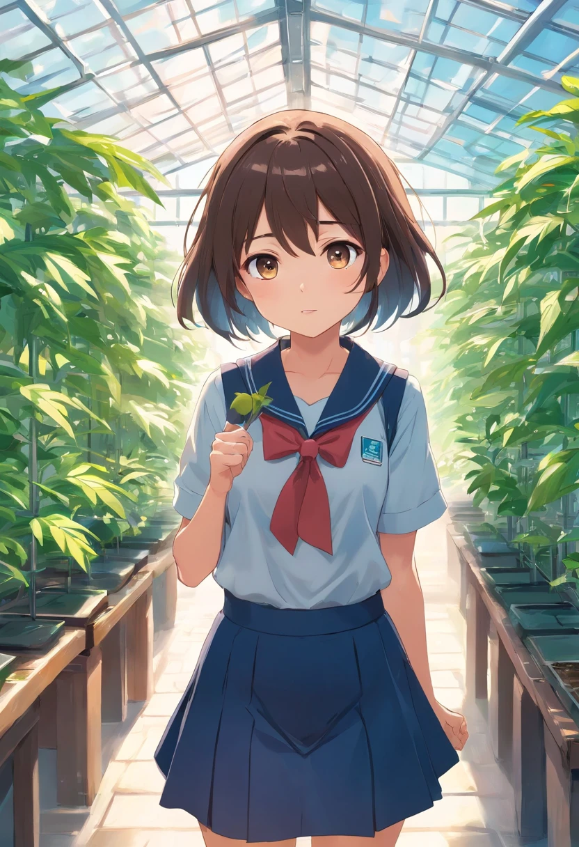 tmasterpiece,HighestQuali,anime big breast,Solo,A chibi girl,((The upper part of the body)),Wear school uniforms,((scared expression,😨)),In the greenhouse