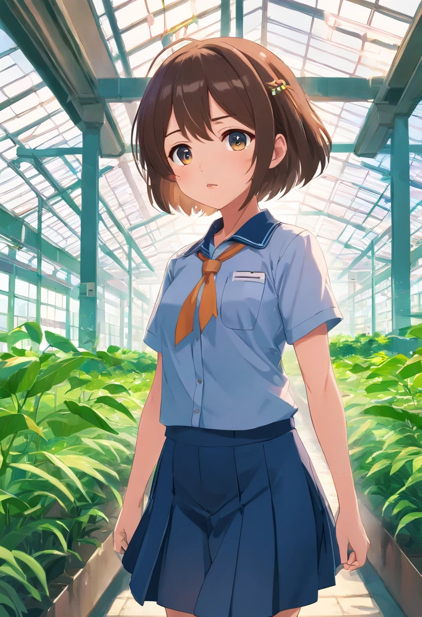 tmasterpiece，HighestQuali，anime big breast，Solo，A chibi girl，((The upper part of the body))，Wear elementary school uniforms，((scared expression，😨))，In the greenhouse
