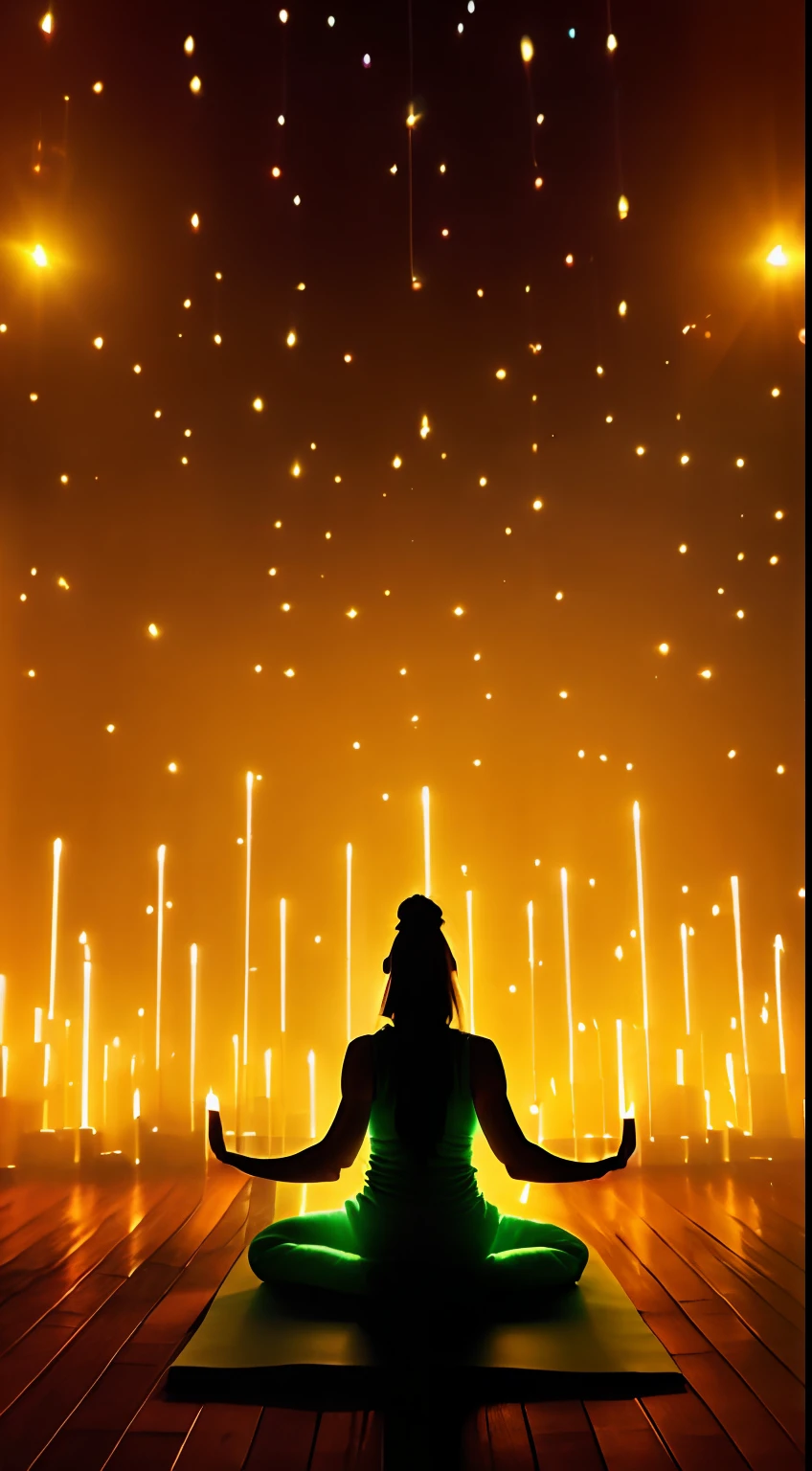 a yoga class room at candle lights, deep field lenses effect, candle light with yellow fire