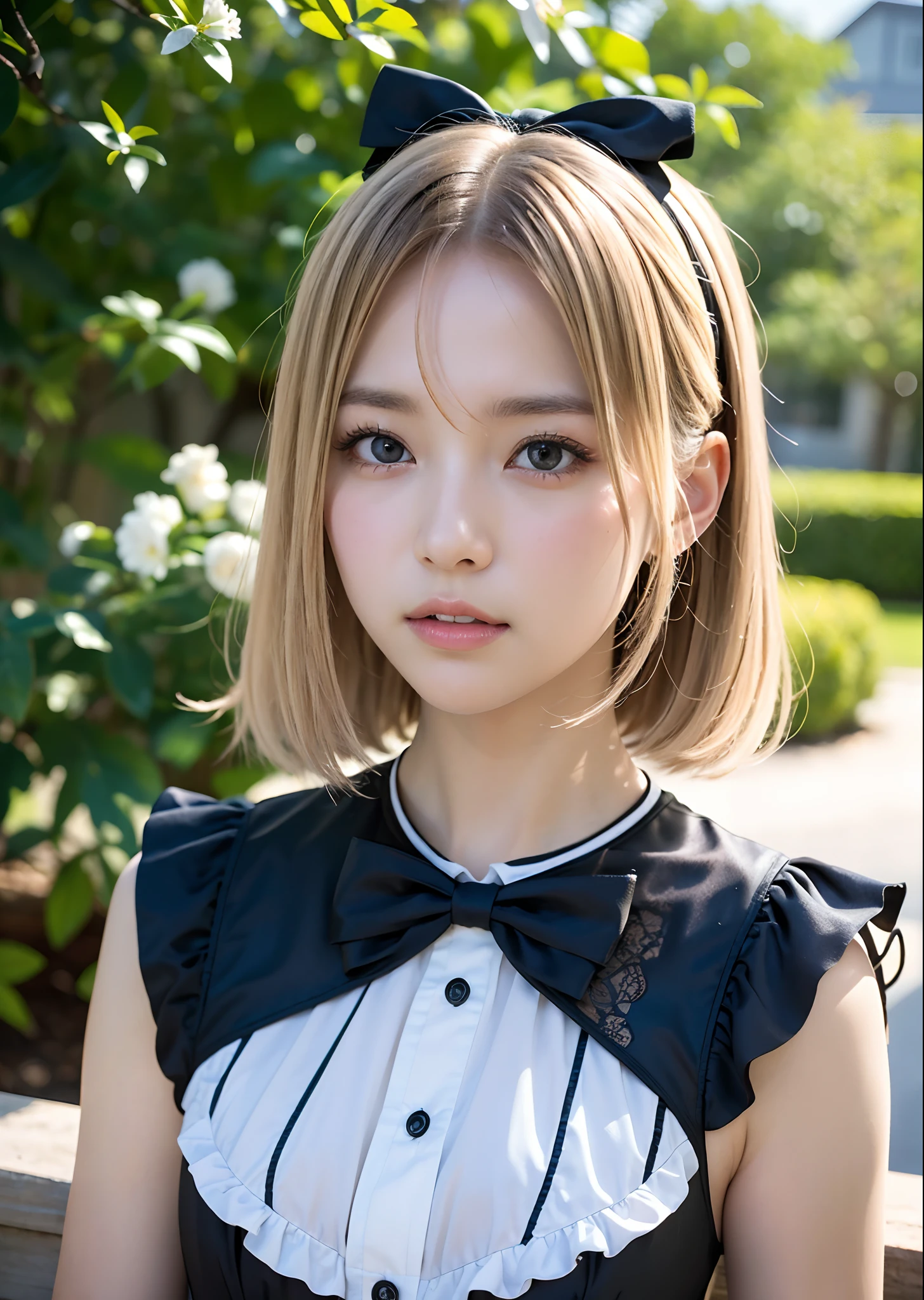 (masutepiece, Best Quality:1.2), 8K, 85 mm, Official art, Raw photo, absurderes, Platinum Blonde Hair, (Blue eyes, ta Fashion, sweetlolita, Gothic, Dress:1.2), Idol face, Upper body, Beautiful Girl, gardeniass, Copenhagen, Short sleeve, Elegance, Sophisticated, gardenia, Looking at Viewer, Film grain, chromatic abberation, Sharp Focus, face lights, Dynamic lighting, Cinematic lighting, Detailed face, Bokeh background