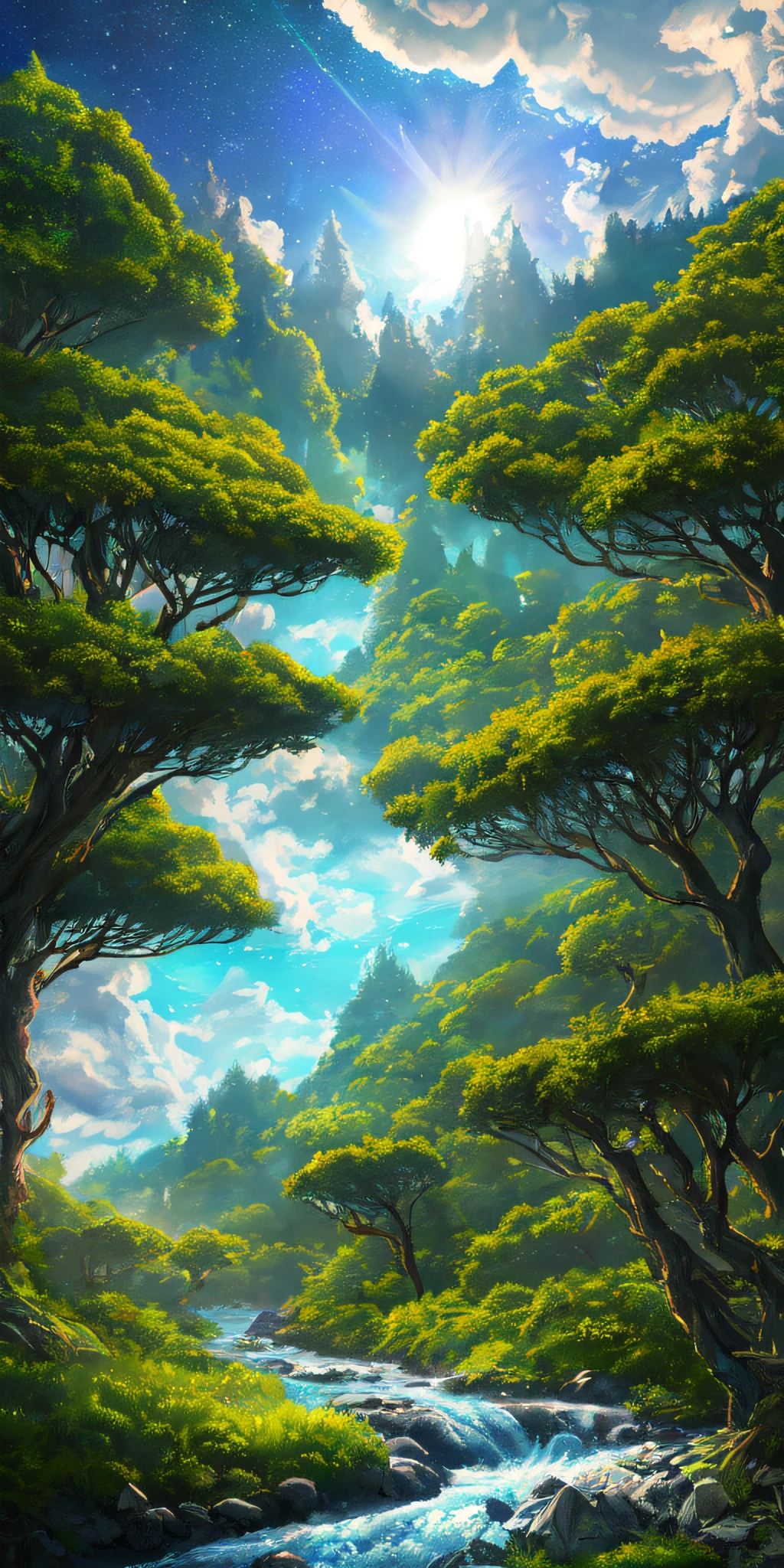Illustration of a surreal, otherworldly, hyper sky scene including a giant crystal tree full body, highly detailed and magical lighting, intricate forest details, vegetation and surrounding river, solar punk, landscape, giant tree , beautiful green leaves, beautiful lighting and realistic proportions, as if this is a movie background, 8k, highest quality, masterpiece, clouds and stars in the sky.