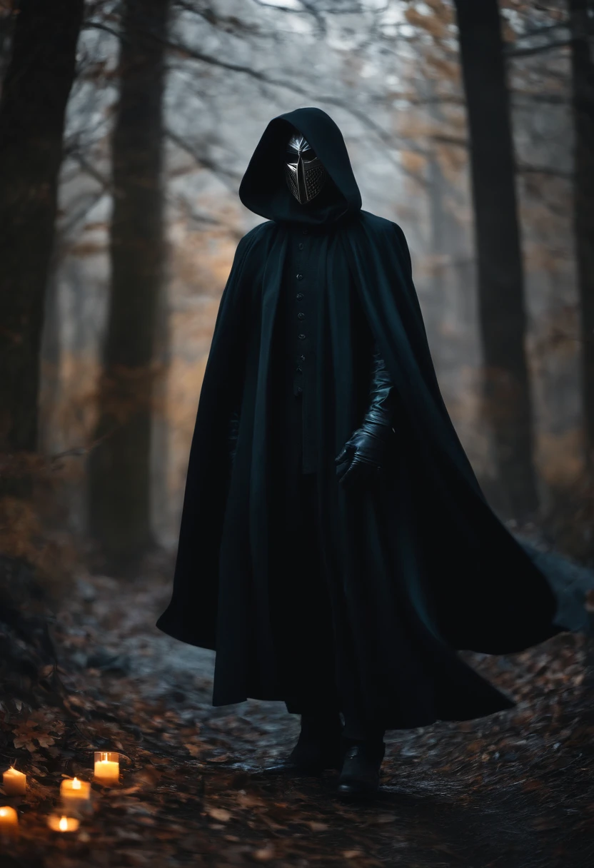 Young man, silver hair, killer mask, faceless, black cloak, cold, scary.