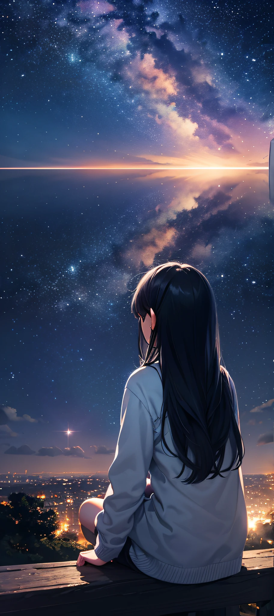 Anime girl sitting on a ledge looking at the night sky - SeaArt AI