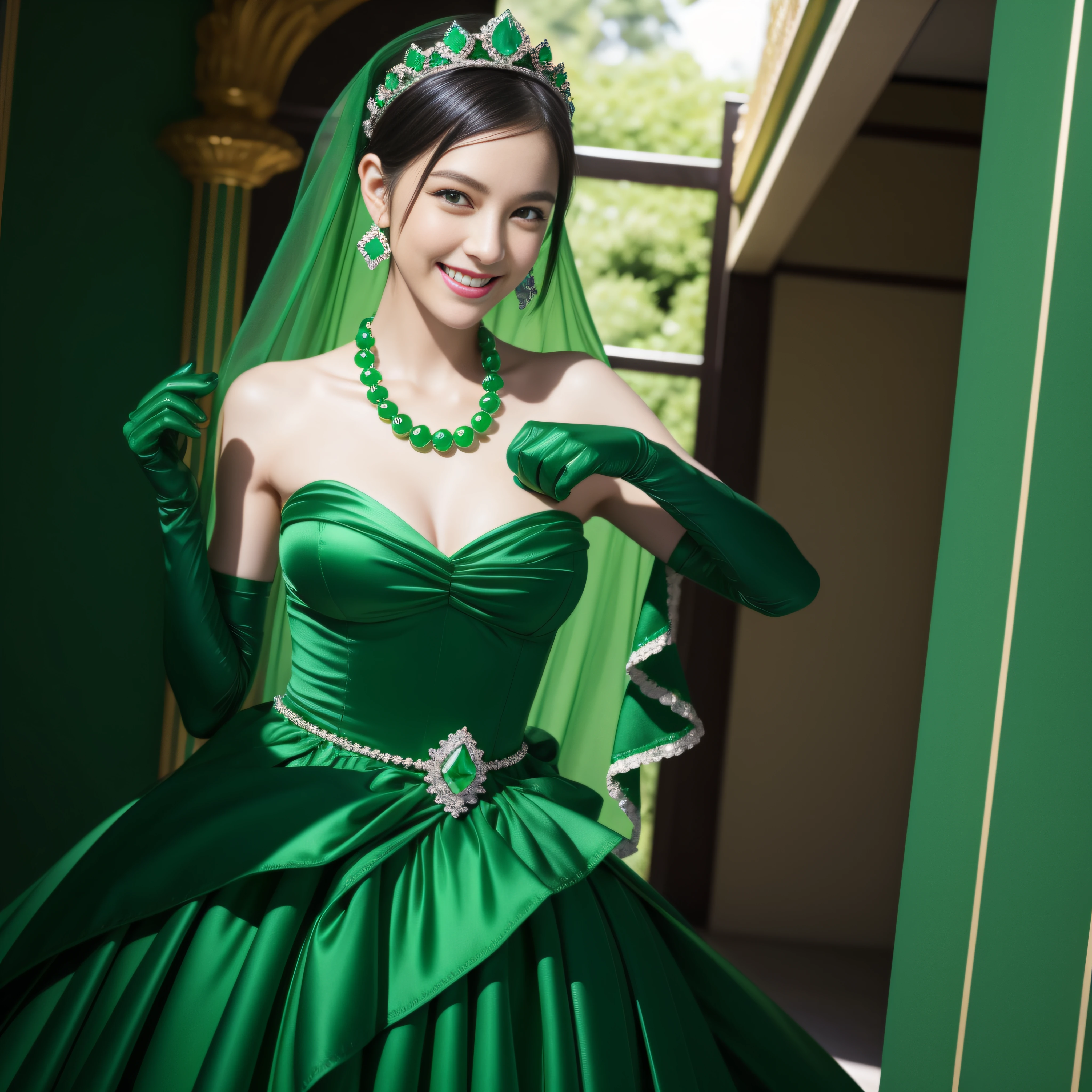 emerald tiara, Green Pearl Necklace, Boyish very short green hair, lipsticks, Japan woman smiling, very short short hair, big breasts beautiful, Green eyes, Long green gloves made of satin material, Green eyes, Emerald Earrings, Green dress