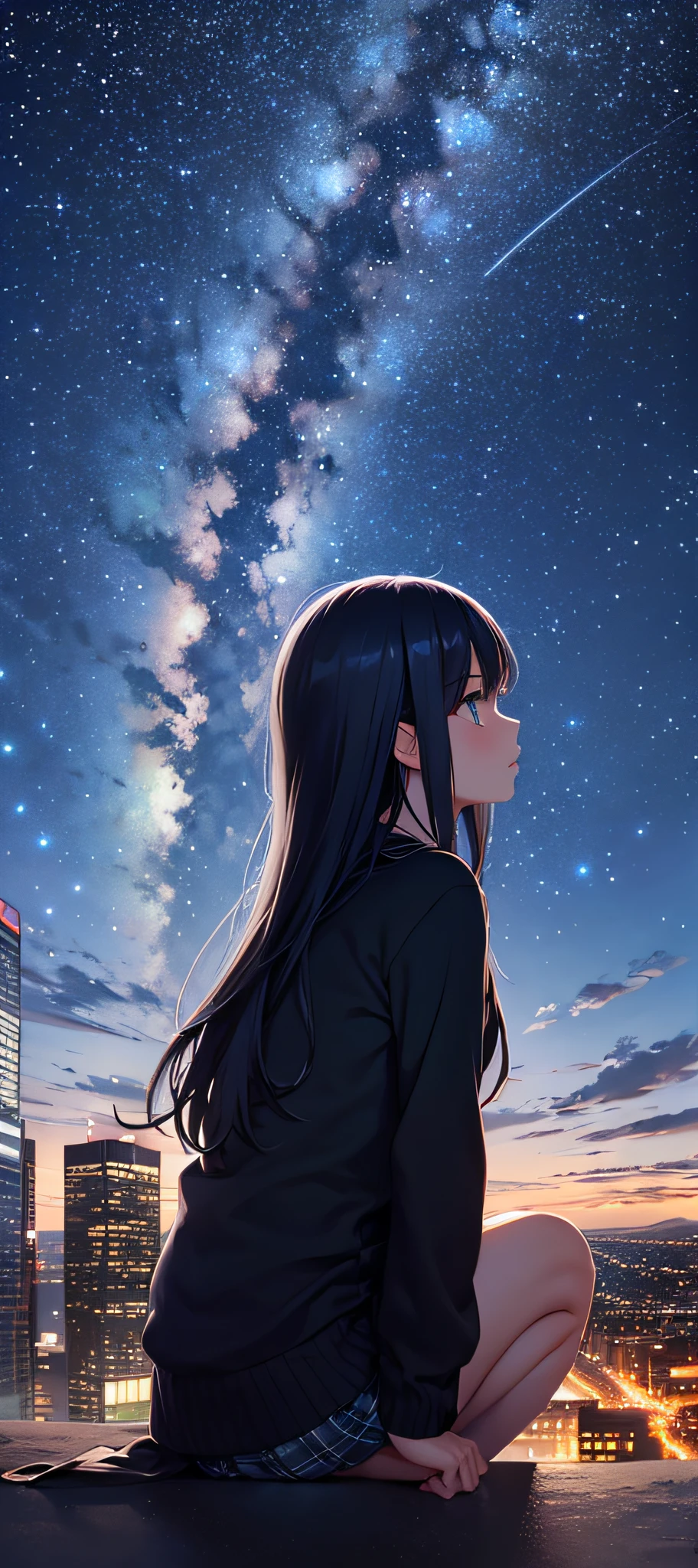 octans, sky, star (sky), scenery, starry sky, night, 1girl, night sky, solo, outdoors, building, cloud, milky way, sitting, tree, long hair, city, silhouette, cityscape