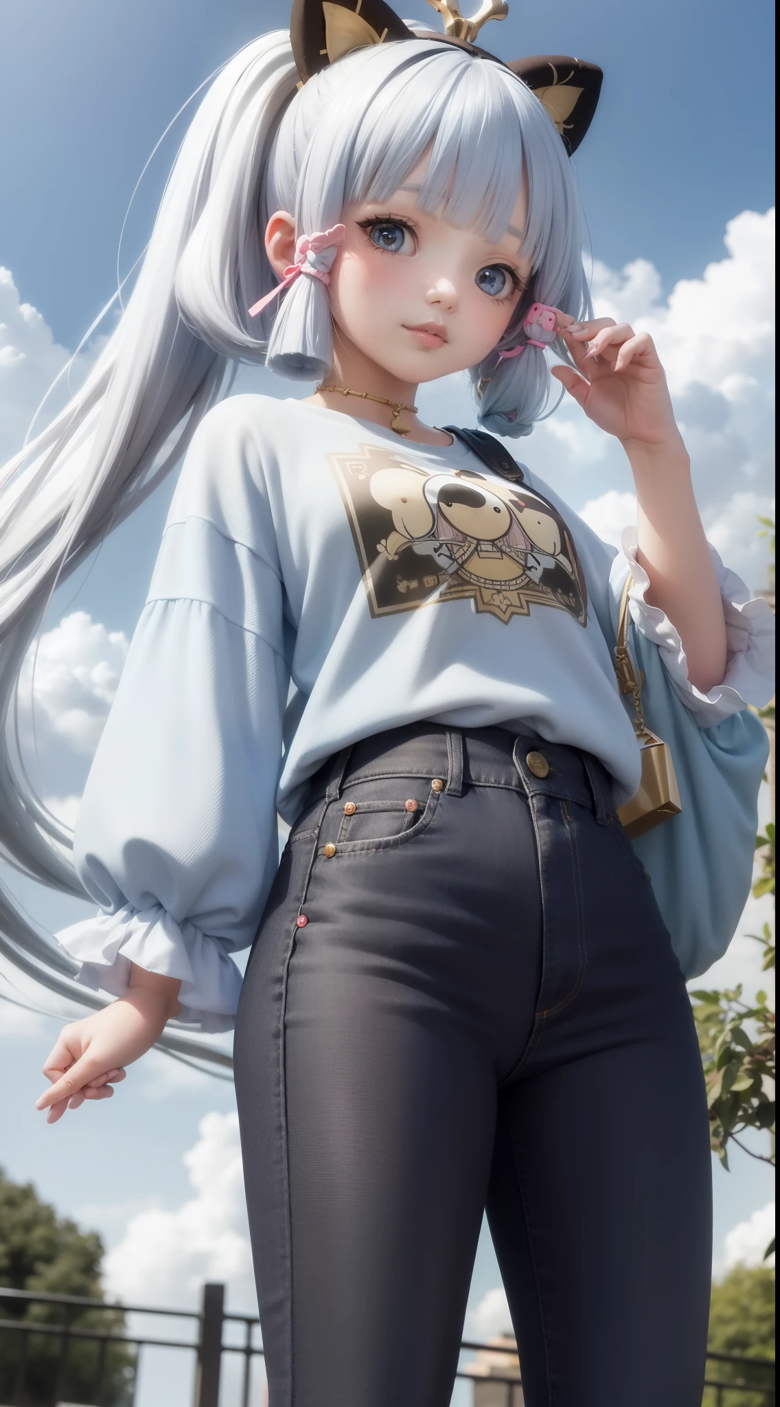 "kawaii, cute, adorable woman with pink, yellow, and baby blue color scheme. She is dressed in sky-themed clothes made out of clouds and sky motifs. Her outfit is fluffy and soft, with decora accessories like hairclips. She embodies the vibrant and trendy Harajuku fashion style." White hair, blue eyes, small boobs, big ass, big lips, juicy lips, huge hair, ((/ black jeans))