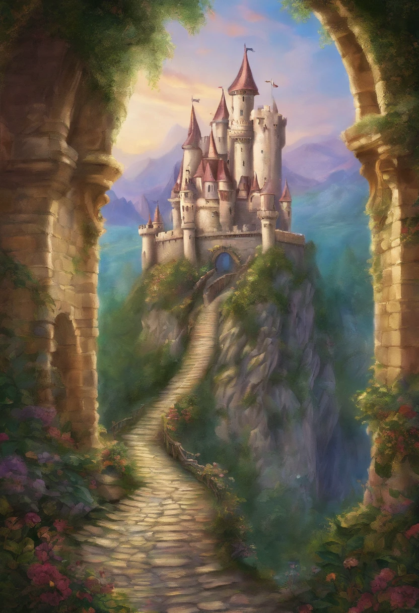 oil painted,medieval times,fantasy castle,Beautiful,peace,A princess