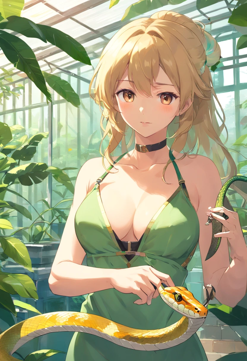 tmasterpiece,HighestQuali,(cygames),anime big breast,Solo,A woman and a snake,😁,((Perfect for female upper body,Bigboobs)),Wear a bandeau brown dress,Long neat blonde hair,Neat bangs,((((A snake is around,Petting a snake)))),In the greenhouse