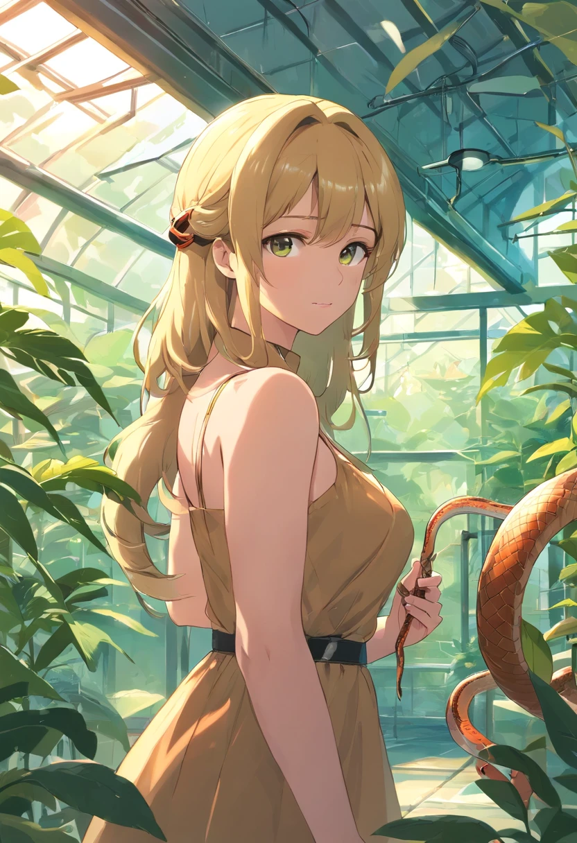 tmasterpiece，HighestQuali，(cygames)，anime big breast，Solo，A woman and a snake，😁，((Perfect for female upper body，Bigboobs))，Wear a bandeau brown dress，Long neat blonde hair，Neat bangs，((((A snake is around，Petting a snake))))，In the greenhouse