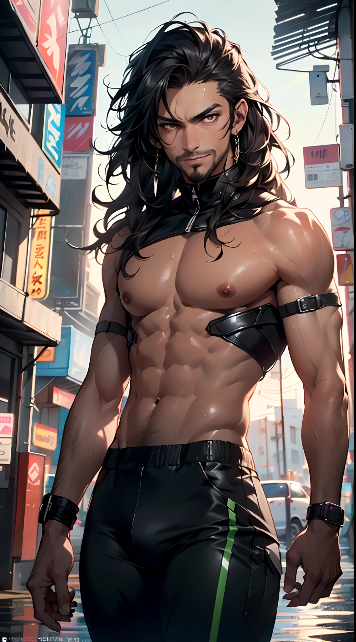 man:1.5,1 man,tracker man,(1man),((man:1.5 with long hair)),
(((1male,handsome man,male,male gender:1.5,male focus))),macho man,
((long black hair,detailed hair,highly detailed hair,black hair,very short beard:1.2)),(((lustrous skin:1.5,tanned skin,bright skin: 1.5,skin tanned,shiny skin,very shiny skin,shiny body,illuminated skin))),(((brown_eyes:1.2))),intricate eyes,beautiful detailed eyes,symmetrical eyes,man chest,handsome face,((muscular)),(((detailed face))),
alluring look,nsfw,
(((bare chest))),green pants,((bulge in pants)),((tracker outfit)),(wearing a tracker outfit:1.3,tracker clothes),((wet clothes,intricate outfit,intricate clothes)),
(dynamic pose:1.0),solo focus,((evil smile,evil look)),(centered,scale to fit dimensions,Rule of thirds),
cyberpunk city by the ocean at night, with bright neon signs and dark stormy clouds and puddles, scenery:1.25,
artistic photography,(photography taken by sldr),highres, sharp focus, (ultra detailed, extremely detailed), (photorealistic artwork:1.37),(extremely detailed CG unity 8k wallpaper),((synthwave background theme)),(((vibrant colors))),(intricate background),(masterpiece),(best quality)