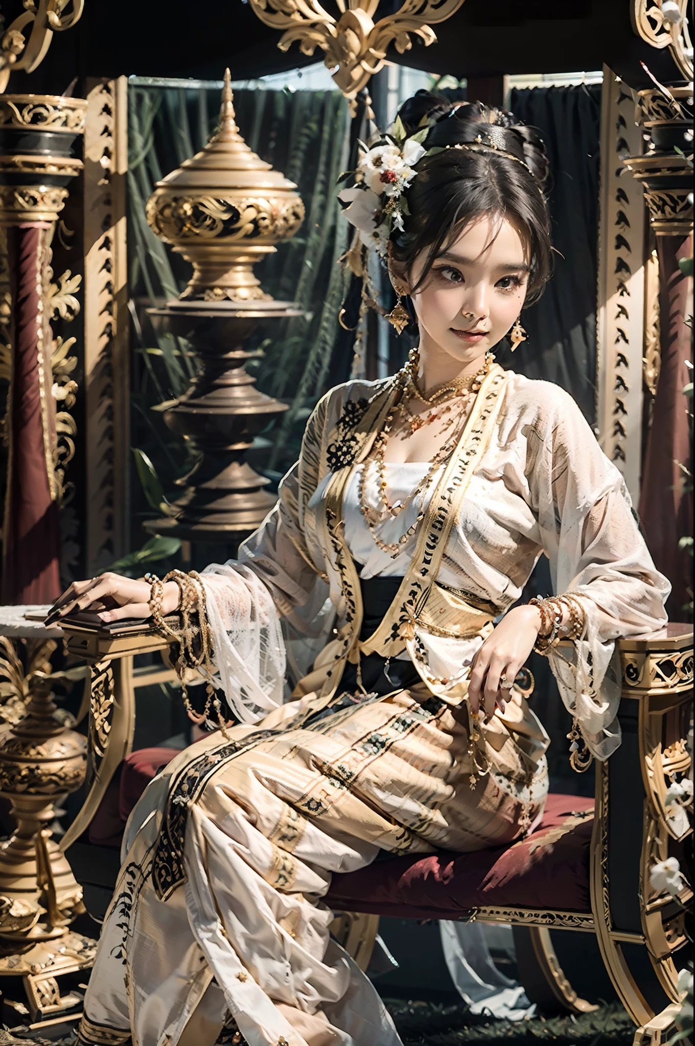 MMTD BURMESE PATTERNED TRADITIONAL DRESS WEAR BEAUTIFUL queen,WEAR PEARL NECKLACES AND GOLD BRACELETS,FULL BODY DETAILS BEAUTY, sitting in royal manner on the long golden traditional throne in golden palace, Myanmar traditional hair style,best composition, full view covered shot, cenimatic lightning and ultra realistic details, octane rendering, unreal engine, sharp focus,32k ,UHD resolution