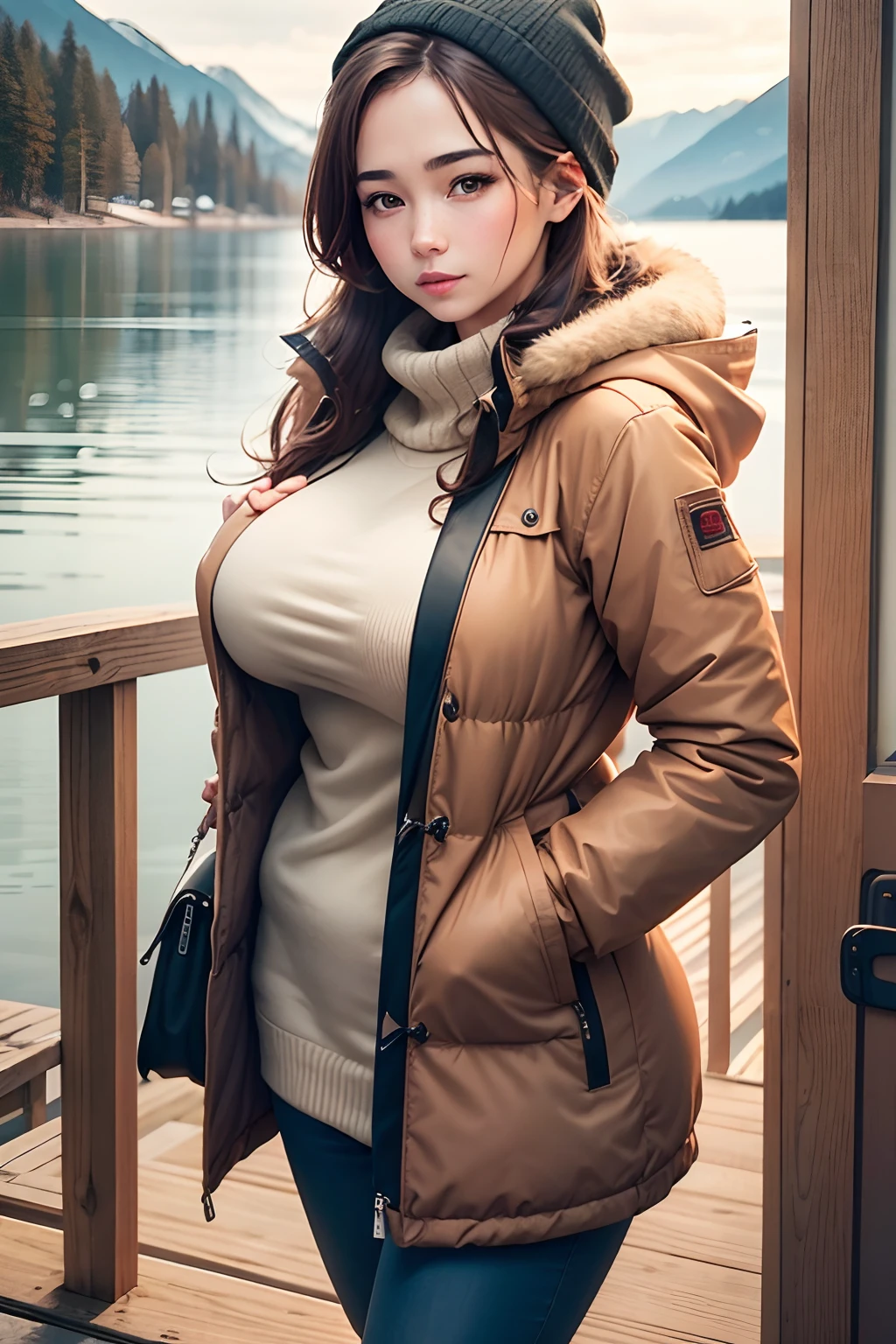 Make a woman with big breast, Brown long winterjacket , with open zipper, with face, body, Lakeside house, travel bag, dog Nude