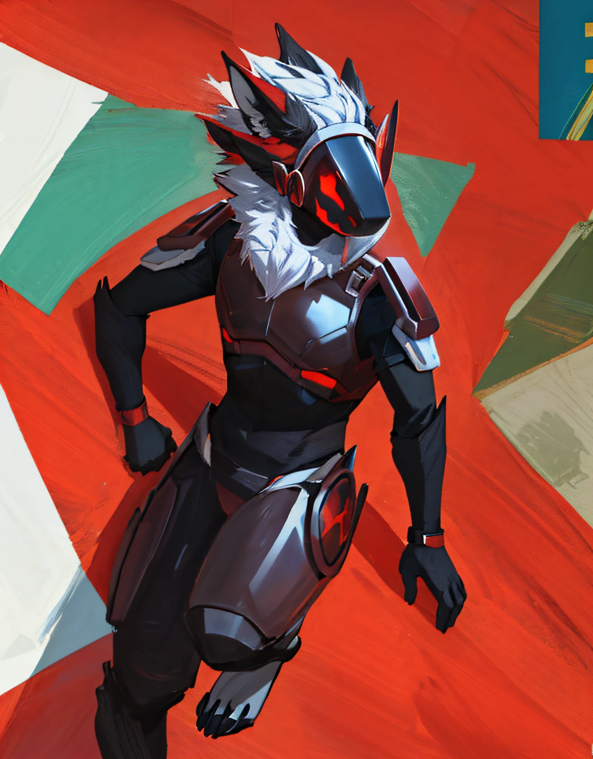 masterpiece, best quality, protogen, (protogen face:1.1), (protogen visor:1.1), an red and black male protogen with red ears that are black inside and with chest plates in the middle while the other parts of the chest armor are silver
