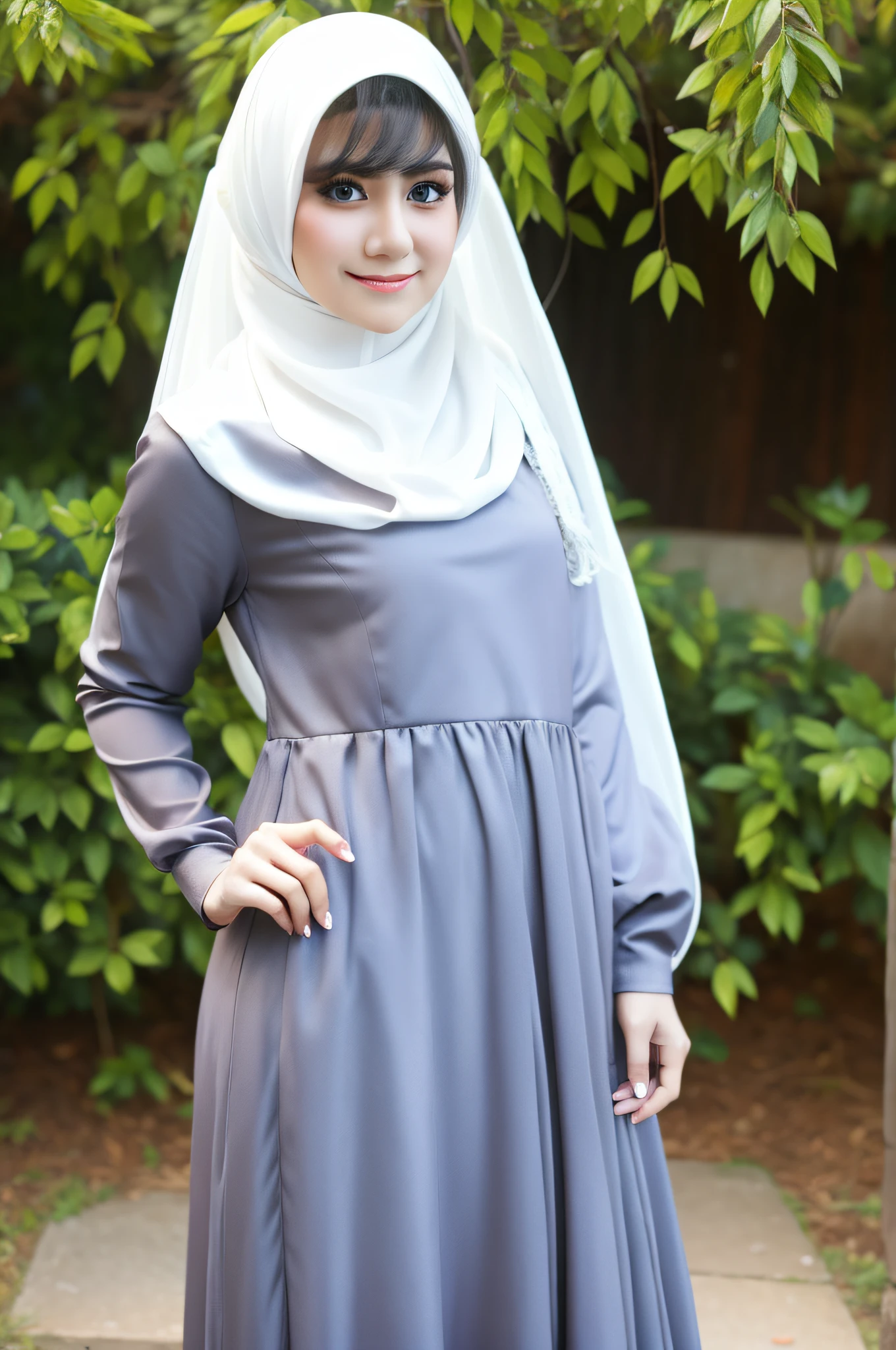 1female, hijab, beautiful face, standing, sexual style, outdoors, wearing tight dress, love earrings, make up cute, long bangs hair, full body, close up, little smile, cute hells, ultra high quality, Masterpiece