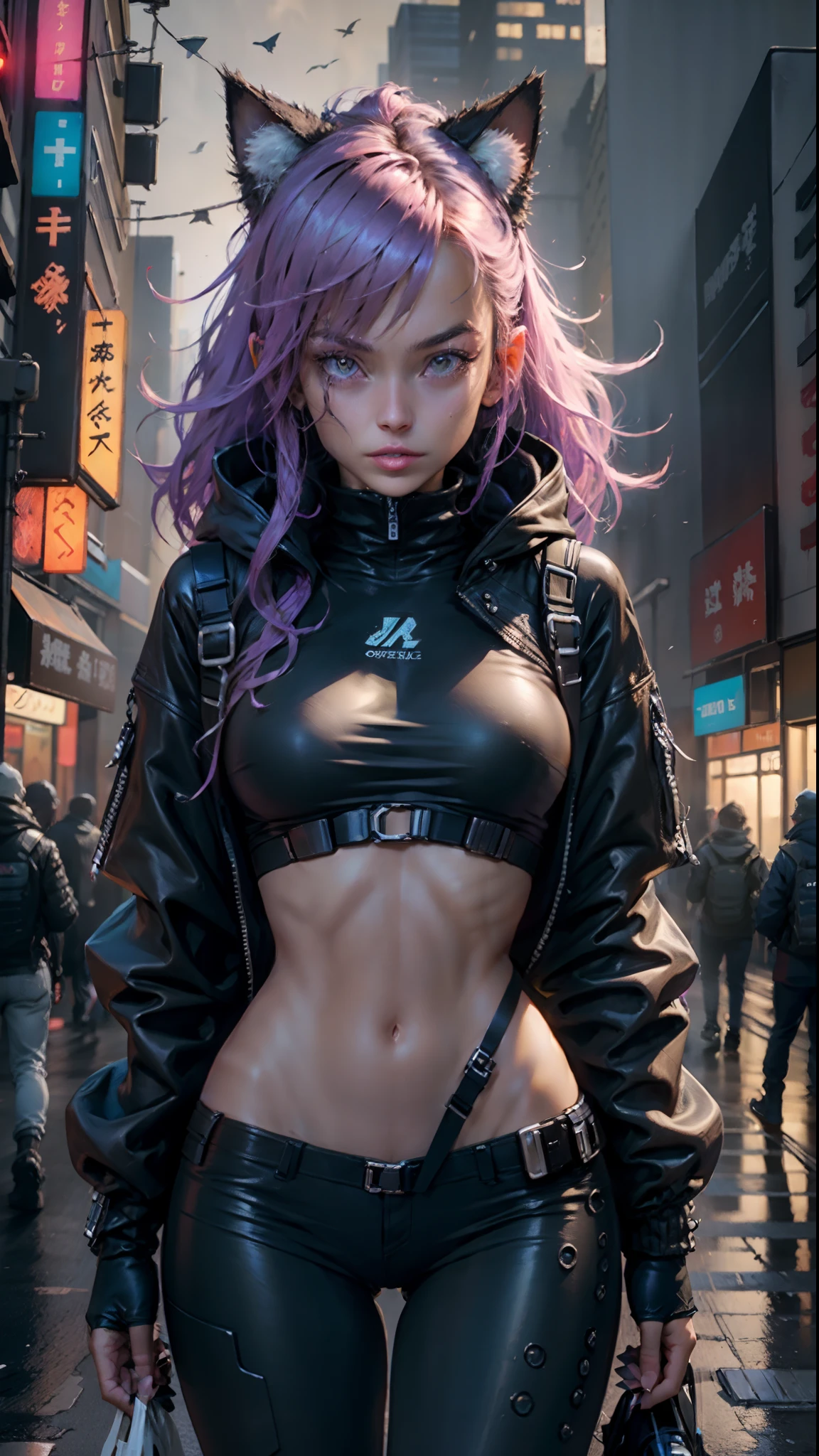 Cyberpunk Neko Catgirl mit Cyberpunk Prothesen, Katzenohren, Tech-Jacke, big breasts, Lange Haare, Cyberpunk City Streets Background, Futuristischer Stil, Science-Fiction, Hyper detailliert, Fotorealismus, Hyperrealismus, paintings, 8K, FESTPLATTE, super resolution , Filmische Beleuchtung, Langzeitbelichtung, 8K, FESTPLATTE, Super-Resolution, Photo of the upper body.