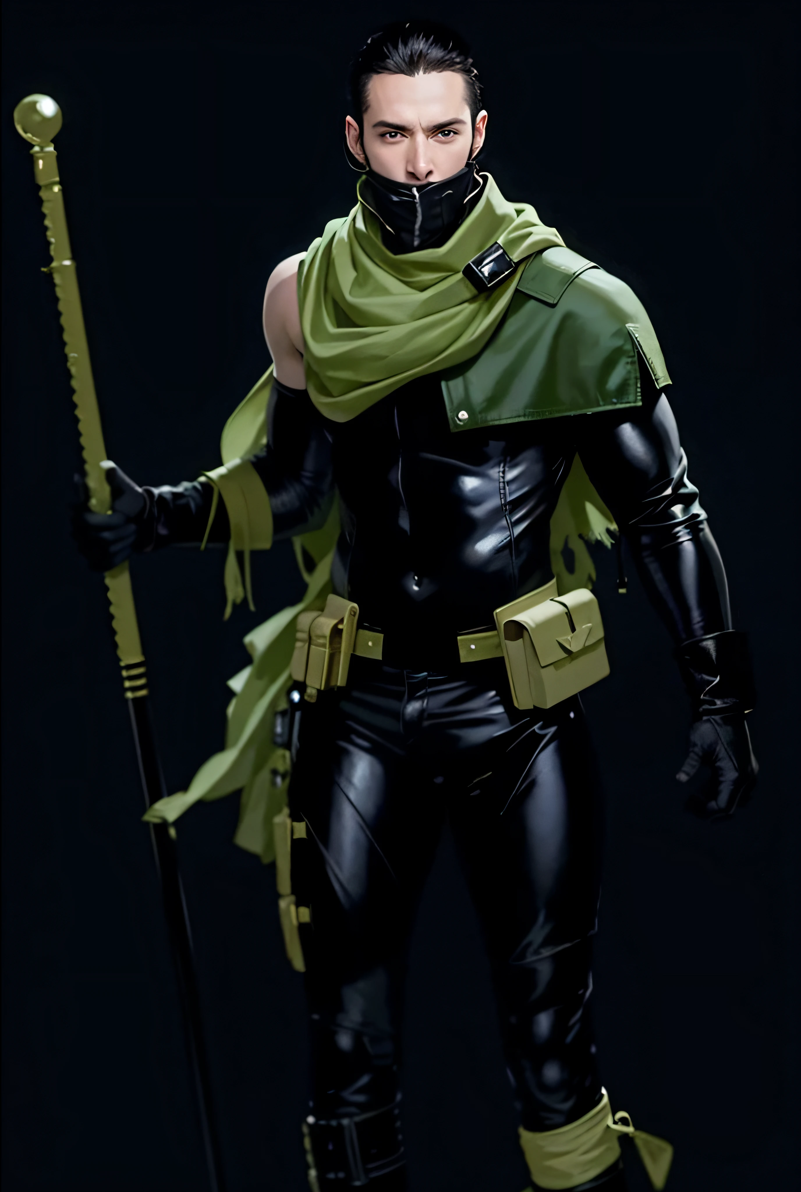 an image of a mysterious strong homerm staring into the camera, with a serious-looking, English-style black hair wearing a turtleneck legging that covers up to her hyper realistic and hyper detailed mouth with extremely real and natural sheen, with a silk cape torn from behind hyper realistic and a cotton style fabric that covers her hyper realistic shoulders, hyper realistic green leather bags photo realistic ba waist, spy style natasha romanoff, noble man spy, photorealistic portrait, bright digital painting, cyberpunk brunette male, spy boy, pinup sexy and cute spy man boy, futuristic man portrait, gorgeous man, male spy, cyborg beautiful girl, portrait of a sci-fi man, rodrigo santoro portrait, Scifi man, Artgerm 4K, photorealistic image of a man with perfect white skin body and with realistic dark eyes, with black hair read and hairstyle back little hyper realistic and ultra detailed with black legging suit, young young man, young portrait, bright digital painting, cyberpunk white male, pinup boy with beautiful hyper realistic body, portrait of futuristic man, cyborg man, male cyborg, cute boy spy, portrait of a sci-fi man, portrait of scott summers, scifi man, artgerm 8k hyper sharpness, bright dugital painting, bright painting, natural lighting, masterpiece, photorealism style, hyper detailed with 3d render, no drawing edges, no dark edges, masterpiece, no edges, ultra realism, hyper realism, ultra realism. Bright digital painting, holding a spear pointed upwards hyper realistic, no drawing edges, no dark edges, all textures of the image are hyper realistic, 8k