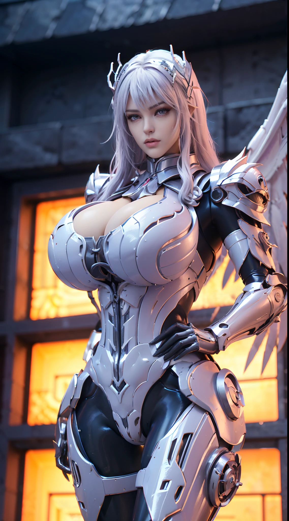 ((DRAGON BIG HORN ON HEAD)), HUGE FAKE BOOBS, (BEAUTIFUL FACE), (SILVER HAIR), (WHITE:1.2, PURPLE:0.8, METAL DRAGON ARMORED GEAR), ((A PAIR OF HUGE MECHANICAL EAGLE WINGS SPREAD OUT)), FUTURISTIC DRAGON MECHA LATEX SUIT, (CLEAVAGE), (SKINTIGHT YOGA PANTS), (SEXY LEGS), (FRONT), ((STAND UP STRAIGHT)), SLENDER, SEXY BODY, MUSCLE ABS, UHD, 8K, 1080P.