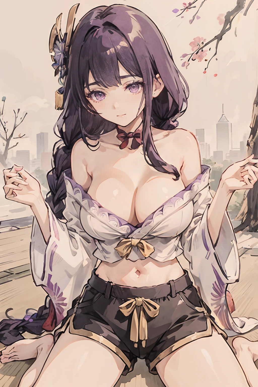 (Masterpiece, best quality: 1.2), traditional Chinese ink painting, purple hair, purple eyes, smile, naked body, takeoff her clothes, ripped clothes, clean , sit on the tree, raiden shogun, wariza, large breasts, bare shoulders, looking down, hair flower, off shoulder, long hair, purple hair, indoors, collarbone, japanese clothes, hair ornament, very long hair, tatami, kimono, flower, wide sleeves, tree, barefoot, long sleeves, solo, purple eyes, cleavage, floral print, purple kimono, print kimono, 1girl, sittingraiden shogun, braid, crop top, large breasts, simple background, bare shoulders, hair flower, navel, long hair, purple hair, closed mouth, hair ornament, blush, very long hair, , flower, white background, covered nipples, solo, purple eyes, cleavage, thighs, midriff, braided ponytail, bare arms, black shorts, dolphin shorts, short shorts, 1girl, shorts,