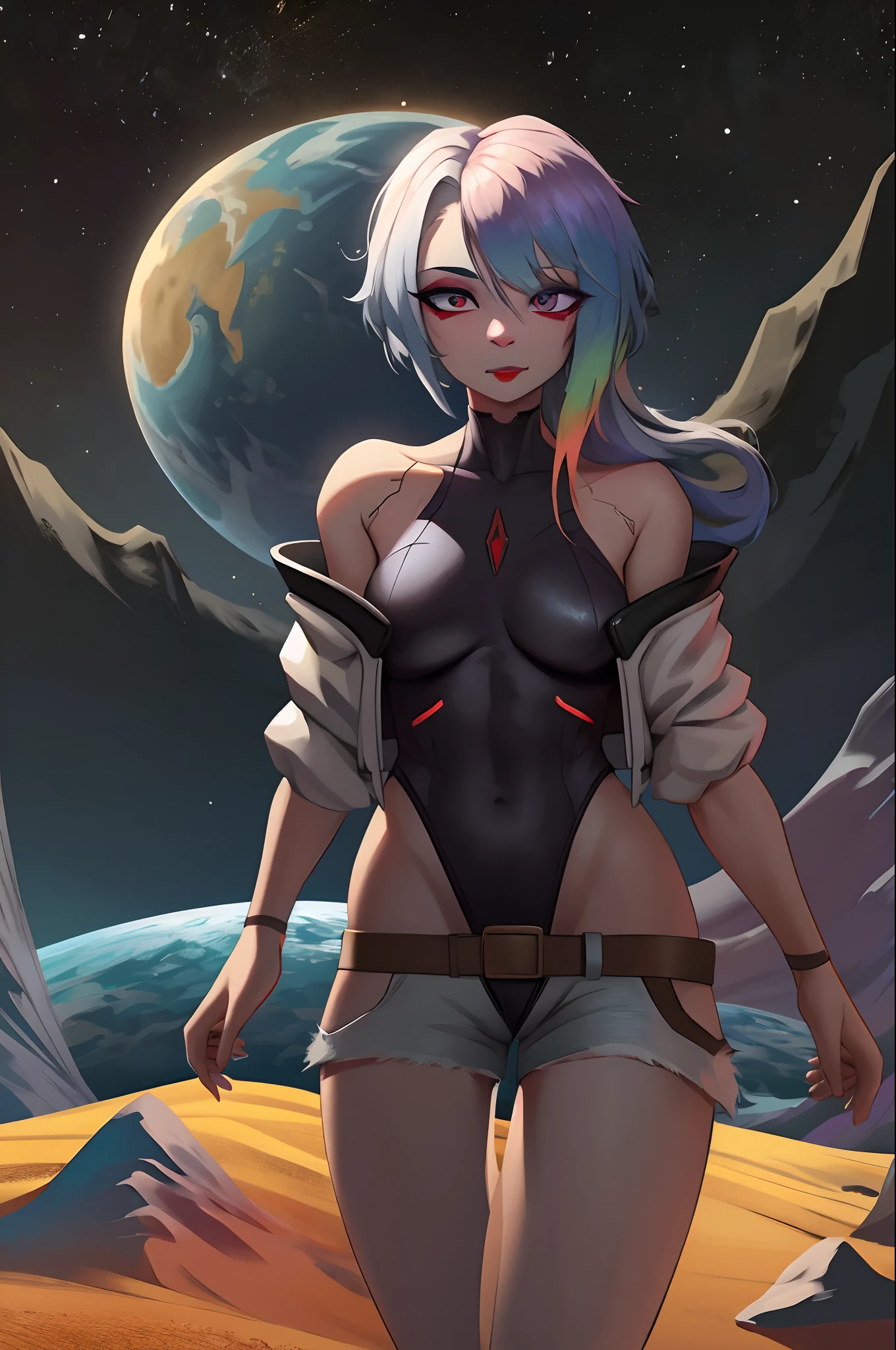 masterpiece, best quality, highres, lu1, cyborg, multicolored hair, makeup, bare shoulders, black leotard, highleg leotard, (thong:1.1), white jacket, open jacket, belt, shorts, cowboy shot, planet, moon, earth (planet)