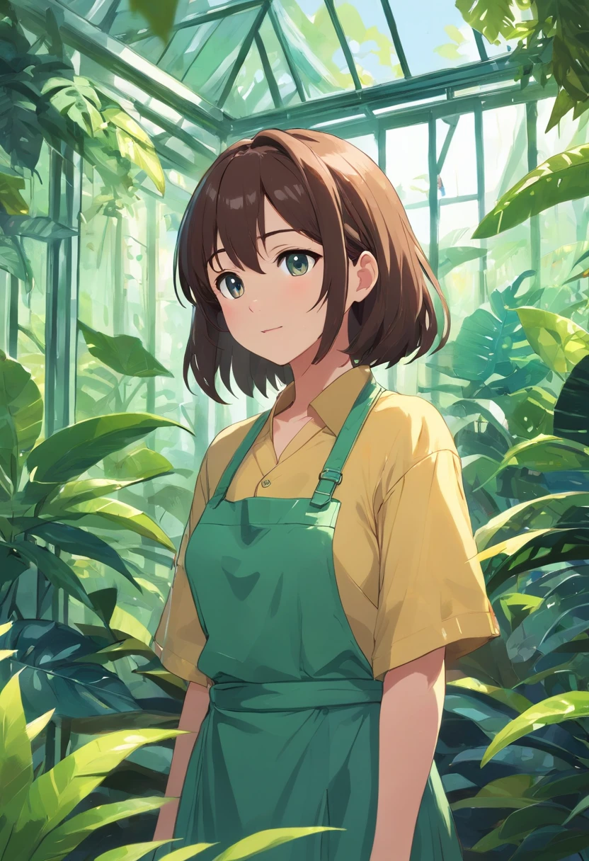 tmasterpiece,HighestQuali,(dark feeling),(scream feeling),(cygames),solo,A woman who is,(The upper part of the body,Bigboobs,Neat bangs),Wear an apron and dress,(Petting a large snake),(In greenhouses,Tropical rainforest plants)