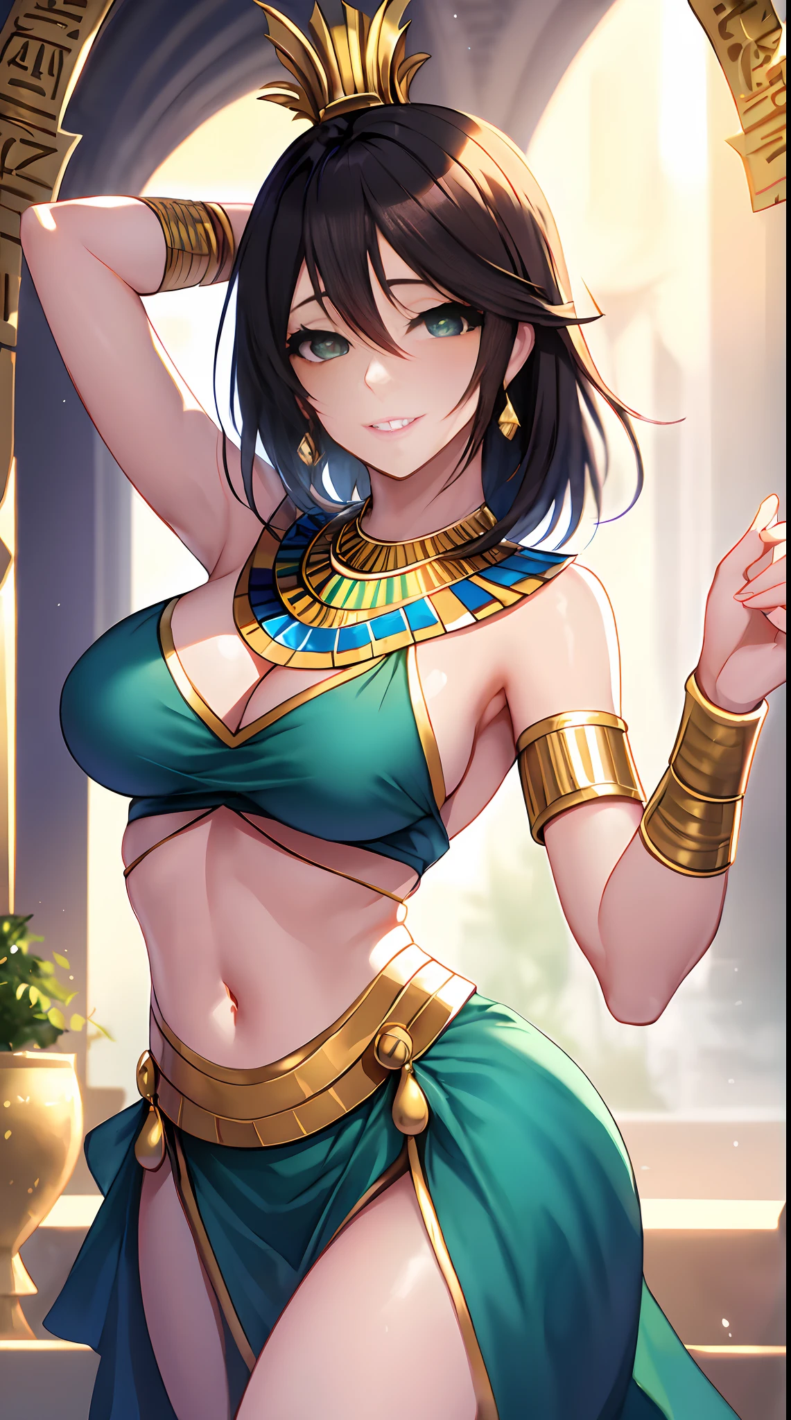 " (((Hot Egyptian dance )))،(dressed as a gold-colored dancer)، (  The character puts her arms above her head)، (Egyptian pyramids)، (Anime girl with the most beautiful forms of irides, its color is bright green)، (She has short black hair.)، (Sexy posture )، (oversized breasts)،  (Creating a girl with charming eyes beauty)، (one girl)، (realistic photo)، (Anime girl with elaborate eyes drawing ) "