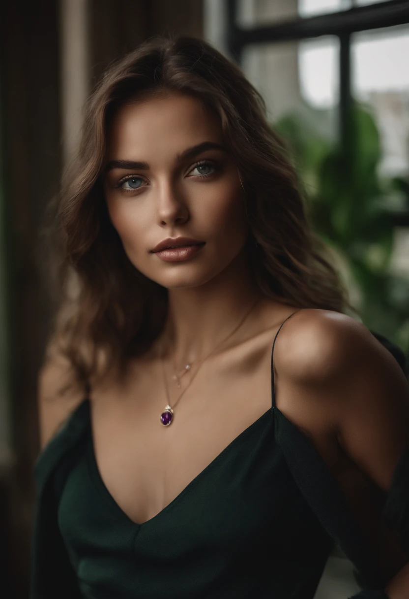 (Sonata Fletcher) Arafed woman with a white tank top and necklace, Dinner at the restaurant, fille sexy aux yeux verts, Portrait Sophie Mudd, cheveux bruns et grands yeux, selfie of a young woman, Yeux de chambre, Violet Myers, sans maquillage, maquillage naturel, looking straight at camera, Visage avec Artgram, Maquillage subtil, Superbe photo du corps entier, piercing green eyes, Bel angle, pose attrayante, fille mignonne, sexy pose, Image du corps entier, corps entier, Prise de vue du corps entier, brunette goddess, High detail, pose satisfaite, Porter une jupe grise et des bottes, jupe, Bottes