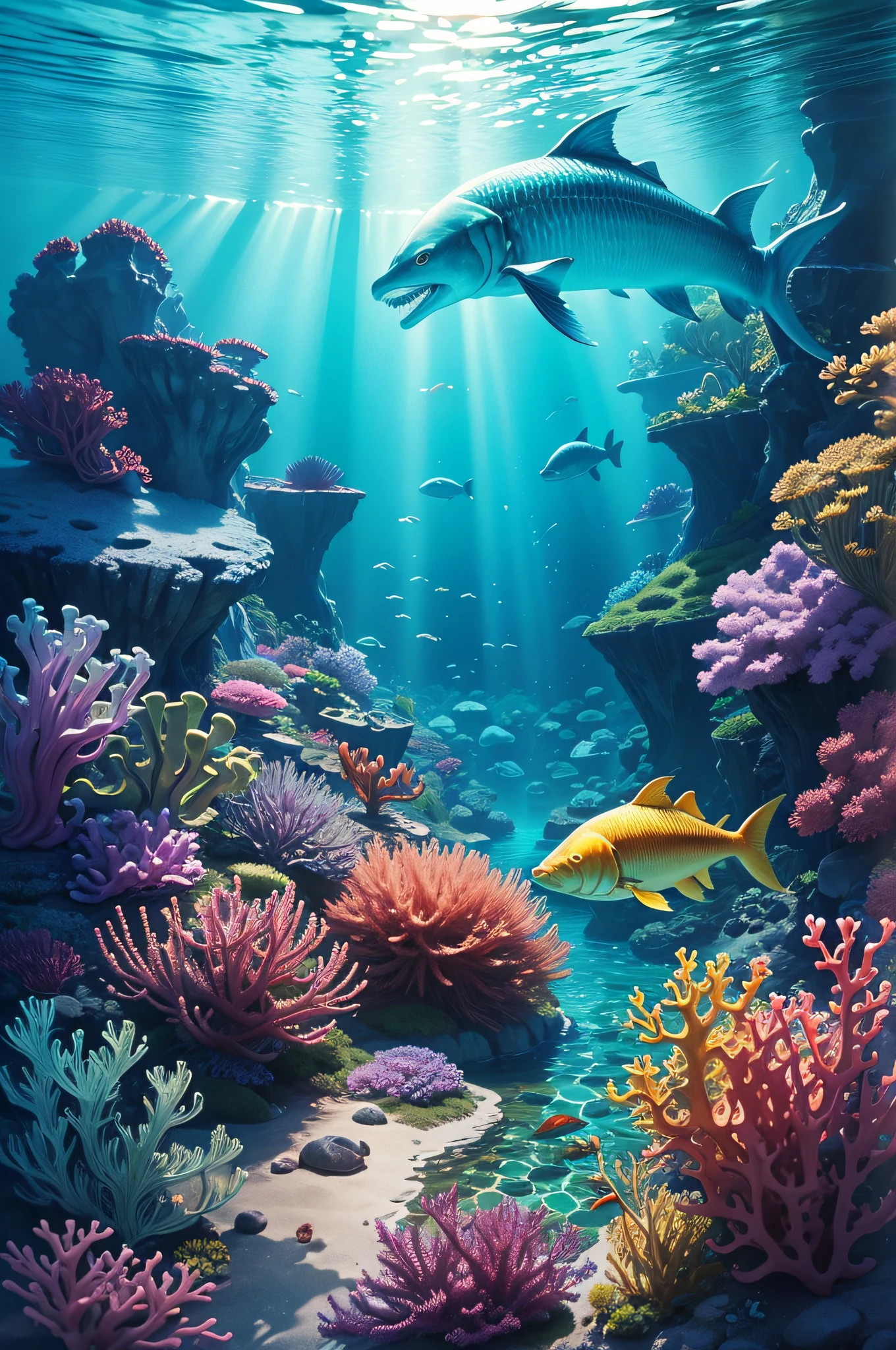 high qulity, ocean, underwater scene, fish swimming, cool lighting, sun shining from above through the water, colorful colors, sea monster, atlantis