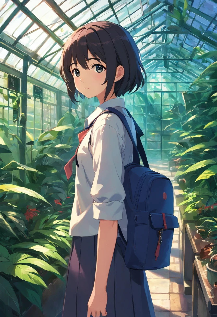 (dark feeling),((The upper part of the body)),Cute little girl s,Wearing a tattered school uniform,bookbag,(In the greenhouse,Plants of the rainforest around snakes)