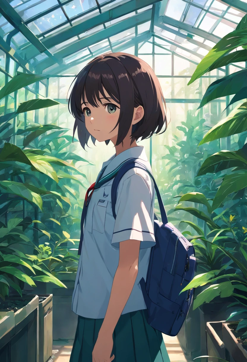 (dark feeling),((The upper part of the body)),Cute little girl s,Wearing a tattered school uniform,bookbag,(In the greenhouse,Plants of the rainforest around snakes)